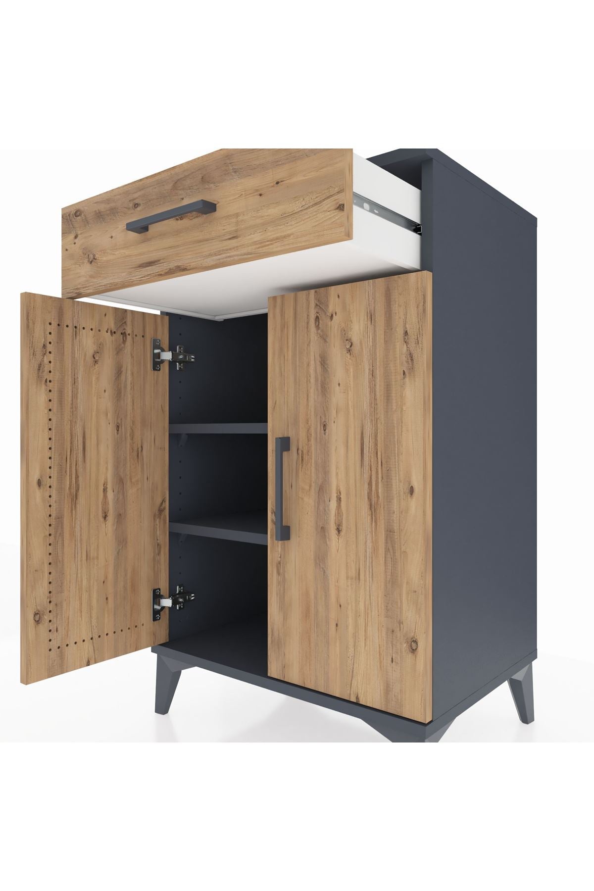 Hyperion Komodin 2 Raflı Tek Çekmeceli 2 Kapaklı 60x44x96 Antrasit-Çam