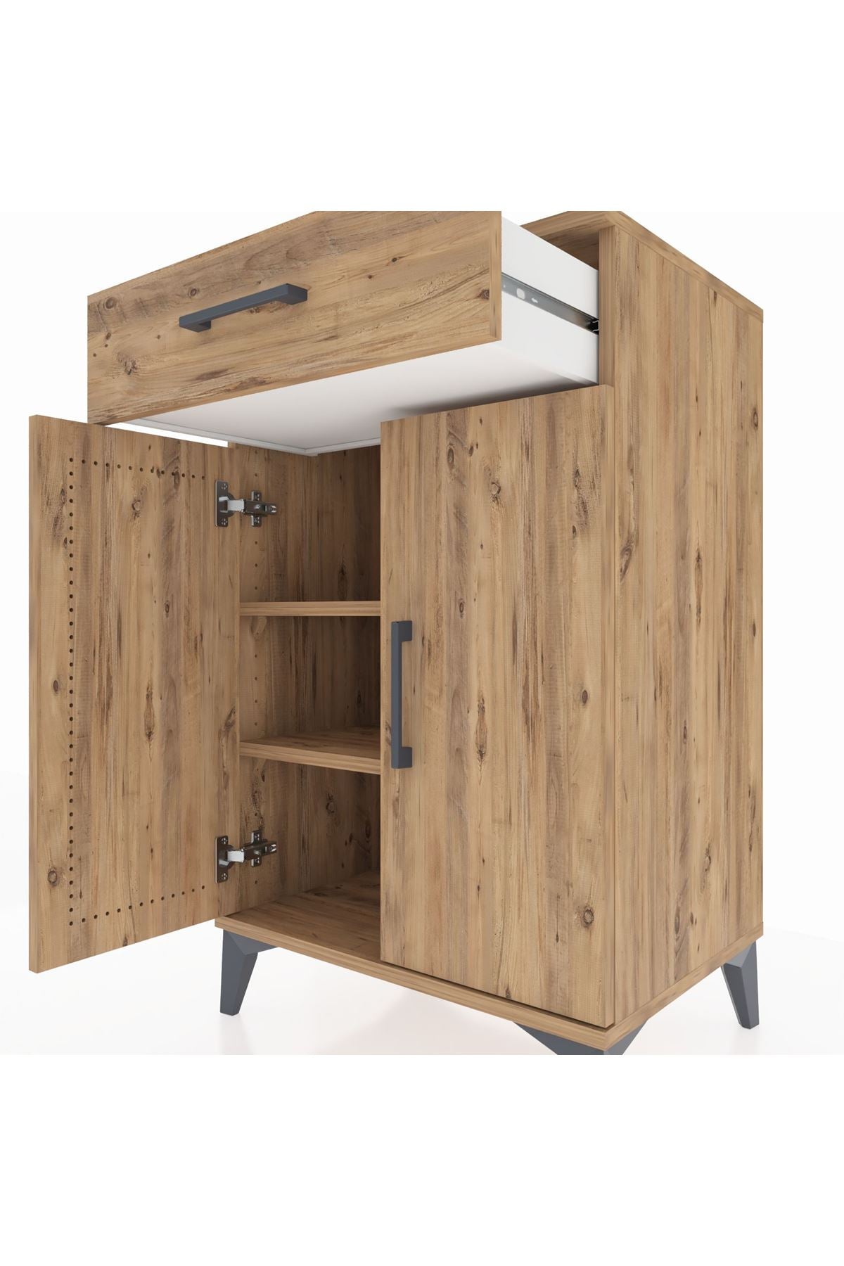 Hyperion Komodin 2 Raflı Tek Çekmeceli 2 Kapaklı 60x44x96 Çam-Çam