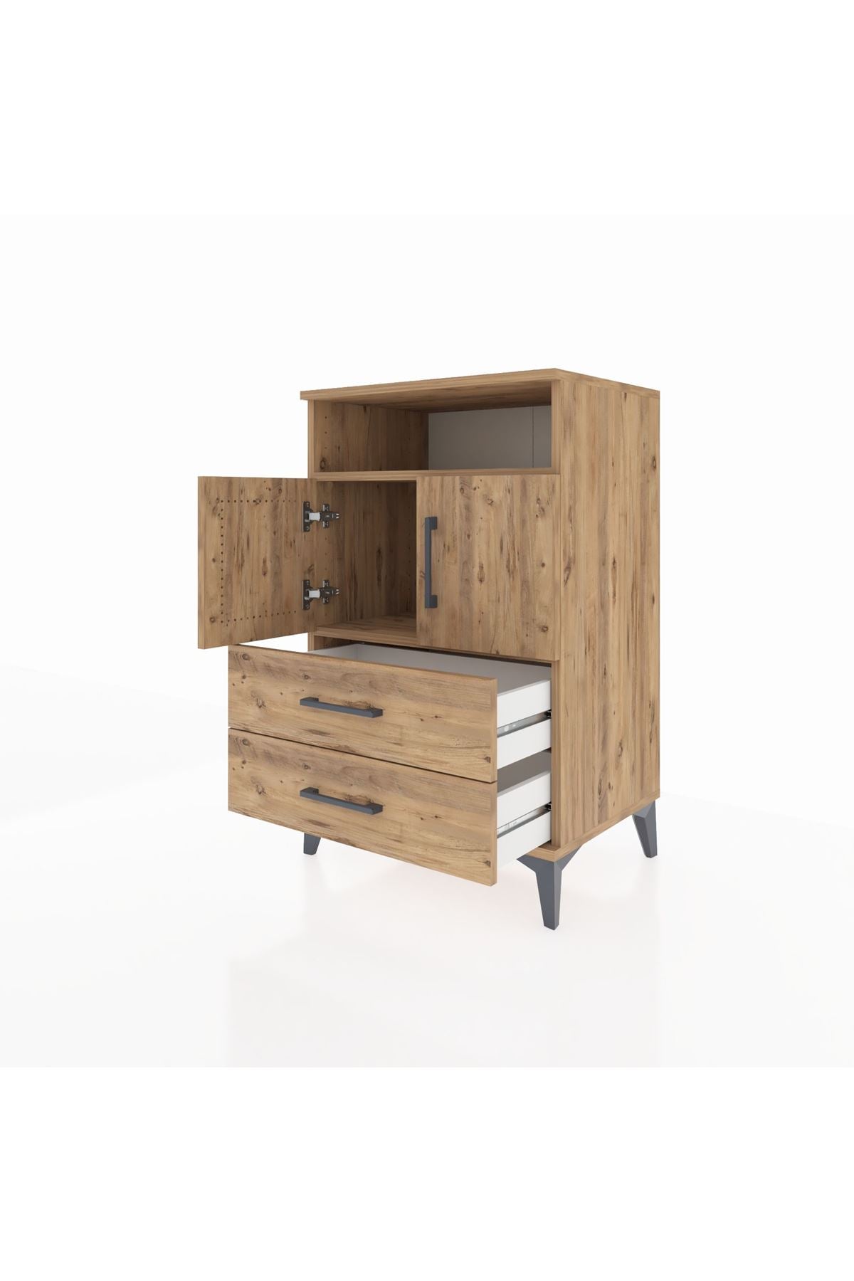 Hyperion Komodin 2 Raflı 2 Çekmeceli 2 Kapaklı 60x44x96 Çam-Çam