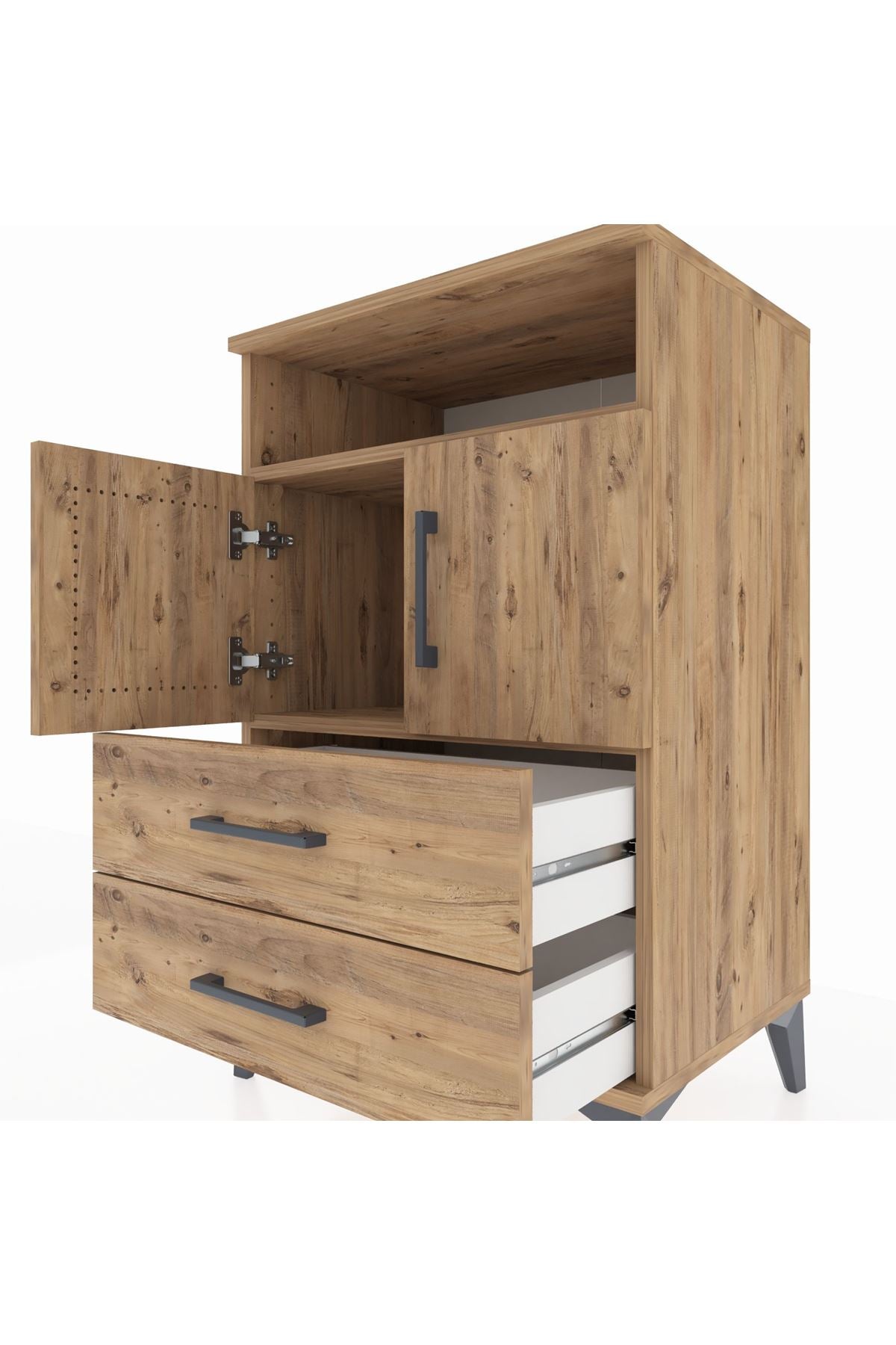 Hyperion Komodin 2 Raflı 2 Çekmeceli 2 Kapaklı 60x44x96 Çam-Çam