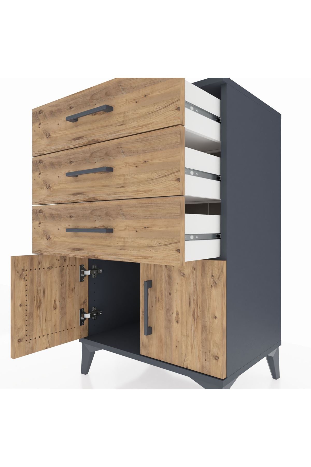 Hyperion Komodin 3 Çekmeceli 2 Kapaklı 60x44x96 Antrasit-Çam