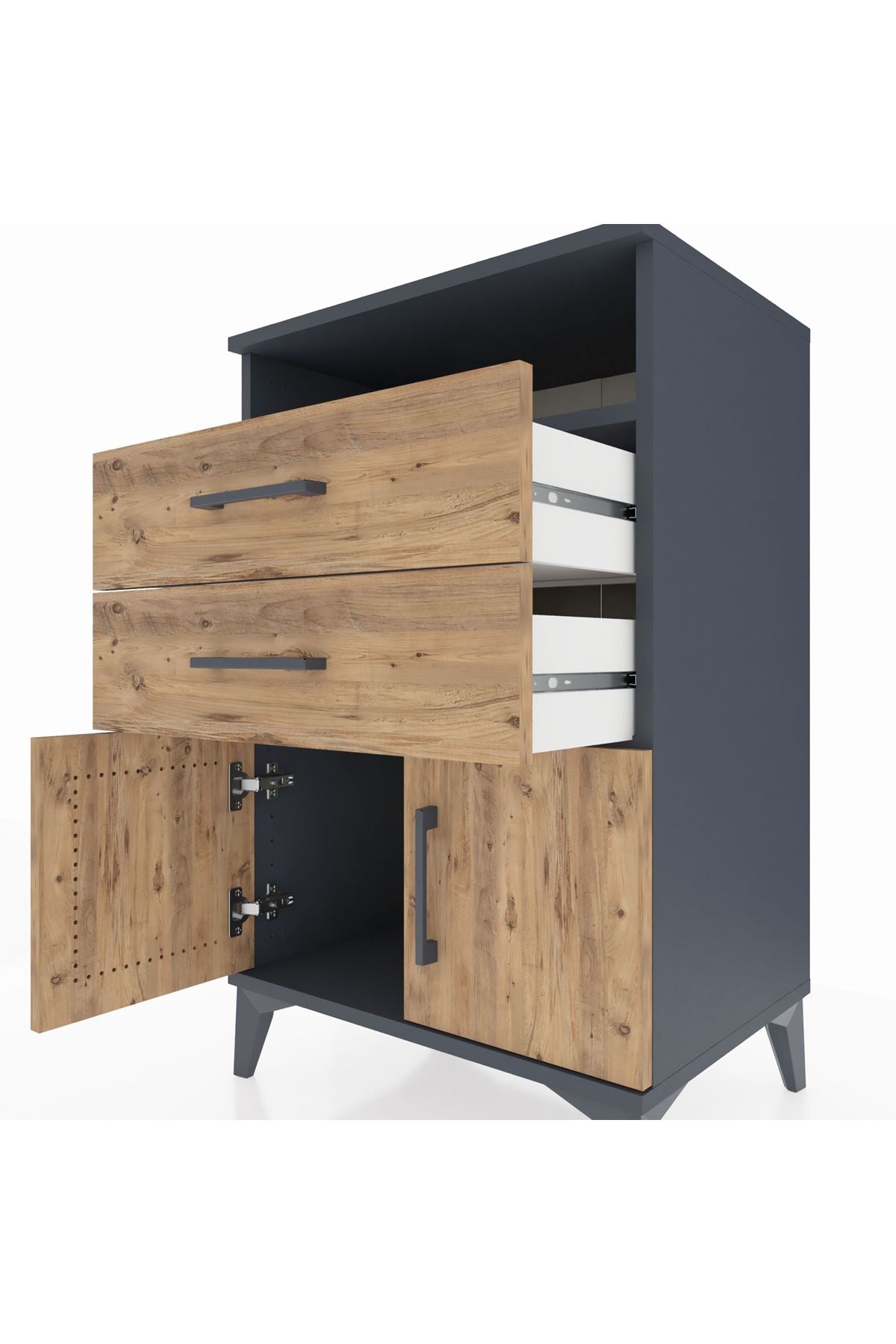 Hyperion Komodin Tek Raflı 2 Çekmeceli 2 Kapaklı 60x44x96 Antrasit-Çam