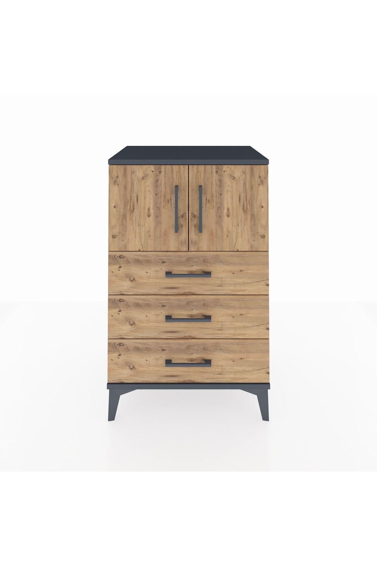 Hyperion Komodin Tek Raflı 3 Çekmeceli 2 Kapaklı 60x44x96 Antrasit-Çam