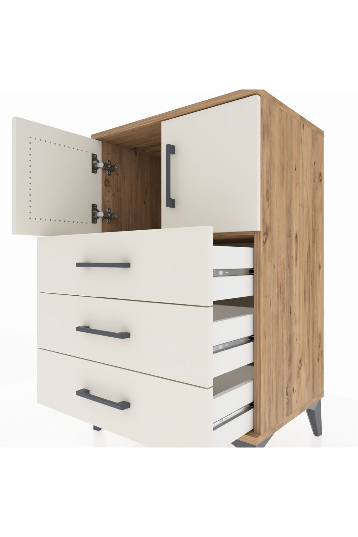 Hyperion Komodin Tek Raflı 3 Çekmeceli 2 Kapaklı 60x44x96 Çam-Aytaşı