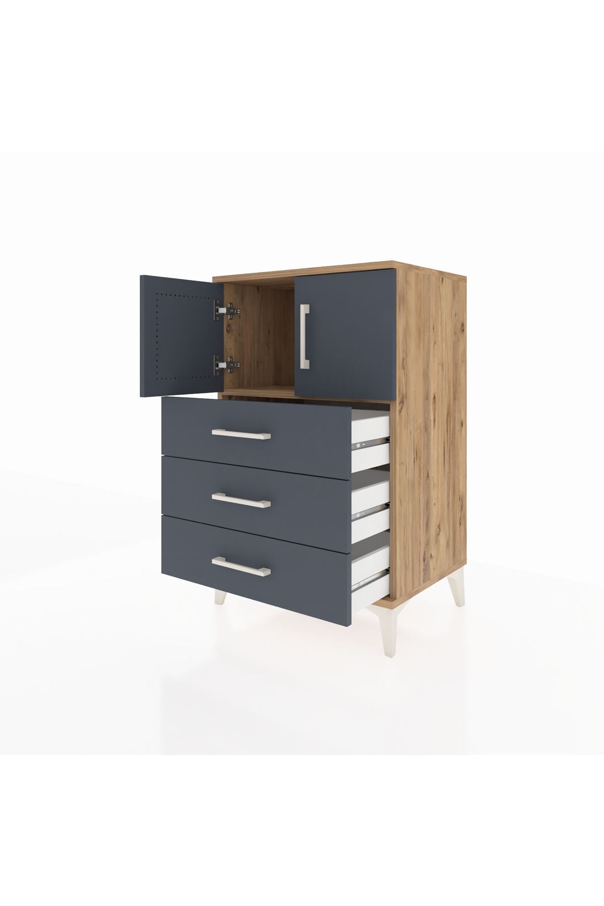 Hyperion Komodin Tek Raflı 3 Çekmeceli 2 Kapaklı 60x44x96 Çam-Antrasit