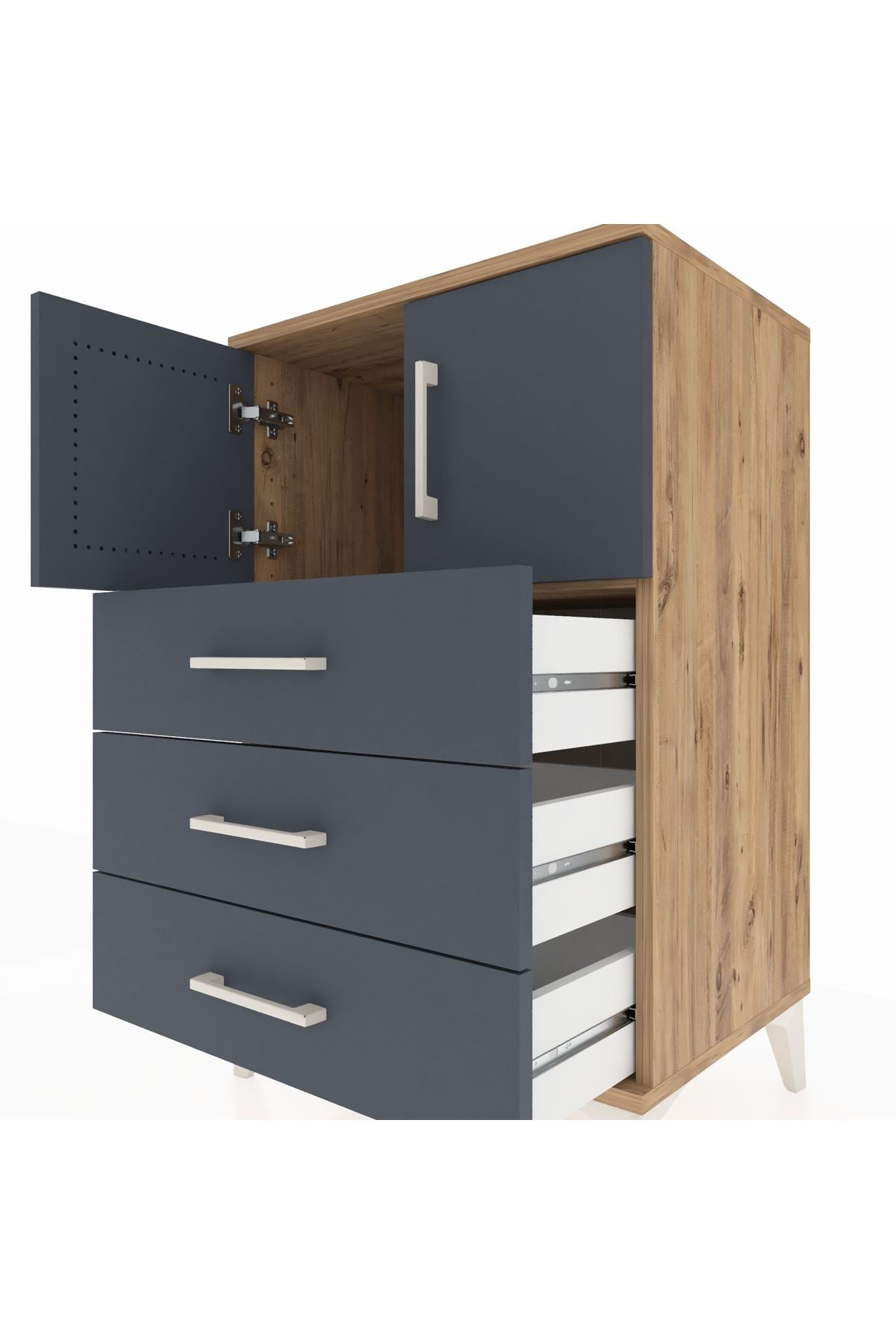Hyperion Komodin Tek Raflı 3 Çekmeceli 2 Kapaklı 60x44x96 Çam-Antrasit