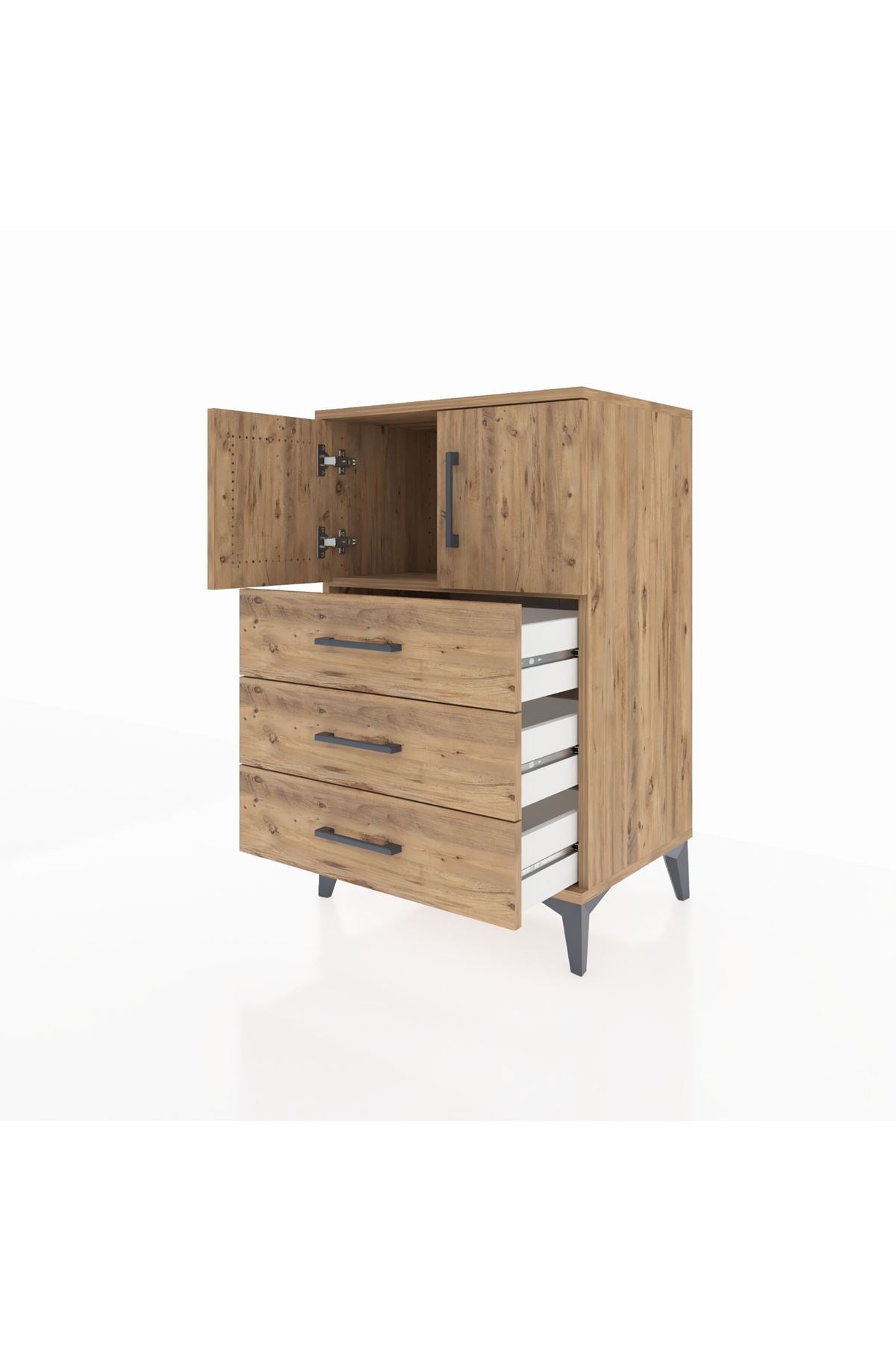 Hyperion Komodin Tek Raflı 3 Çekmeceli 2 Kapaklı 60x44x96 Çam-Çam