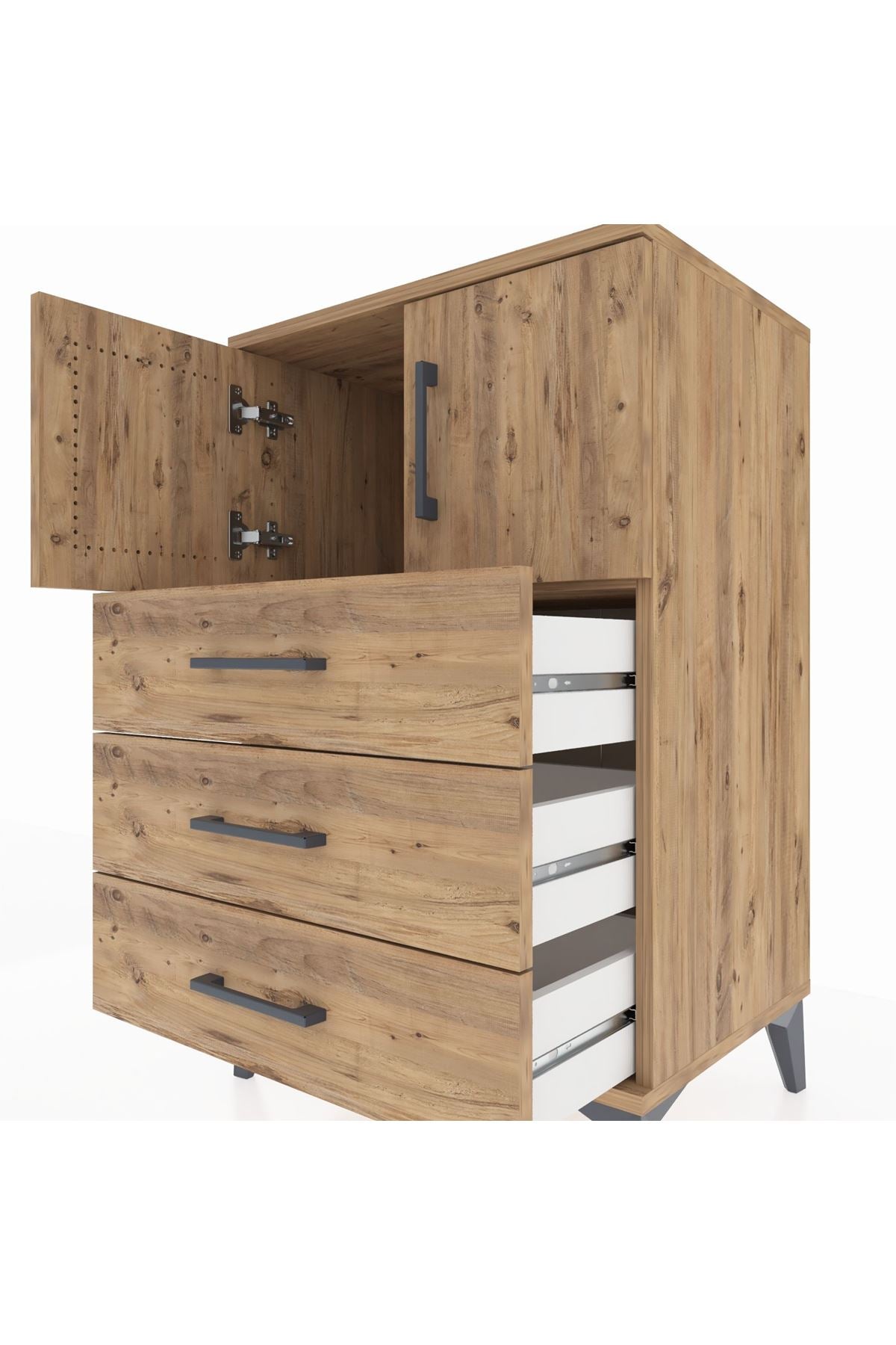 Hyperion Komodin Tek Raflı 3 Çekmeceli 2 Kapaklı 60x44x96 Çam-Çam