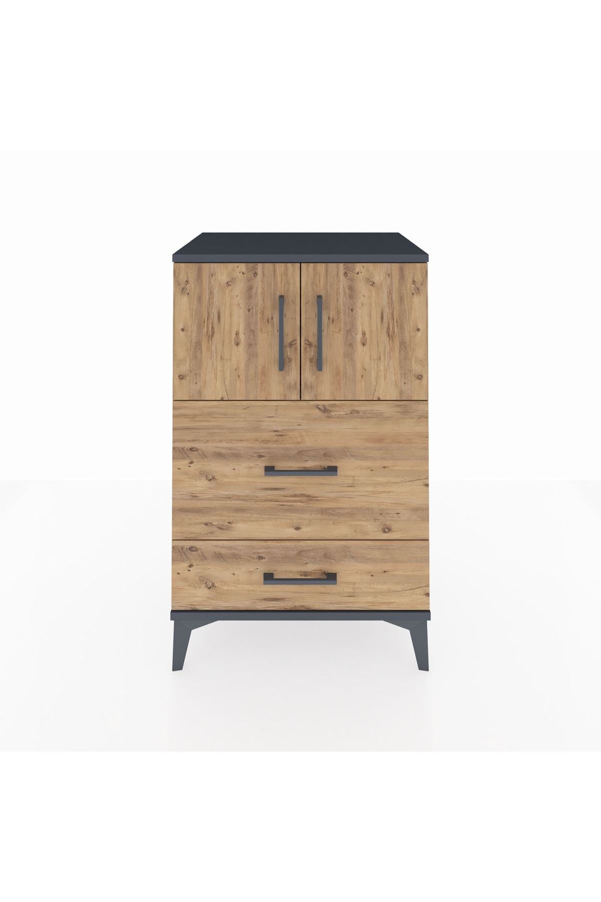 Hyperion Komodin Tek Raflı 2 Çekmeceli 2 Kapaklı 60x44x96 Antrasit-Çam