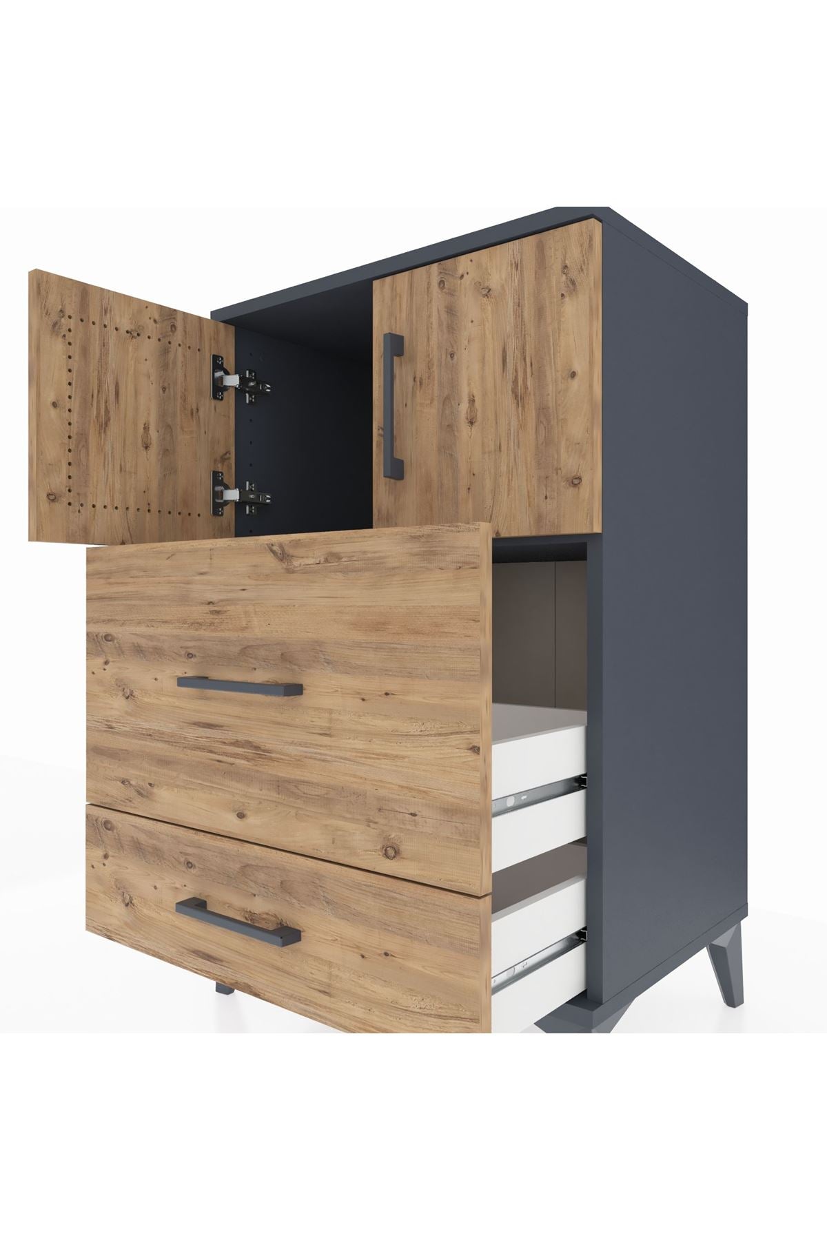 Hyperion Komodin Tek Raflı 2 Çekmeceli 2 Kapaklı 60x44x96 Antrasit-Çam