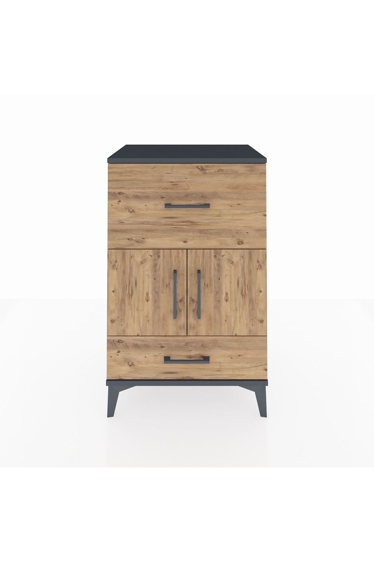 Hyperion Komodin Tek Raflı 2 Çekmeceli 2 Kapaklı 60x44x96 Antrasit-Çam