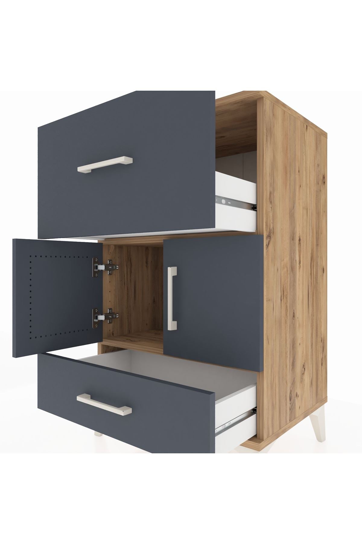 Hyperion Komodin Tek Raflı 2 Çekmeceli 2 Kapaklı 60x44x96 Çam-Antrasit
