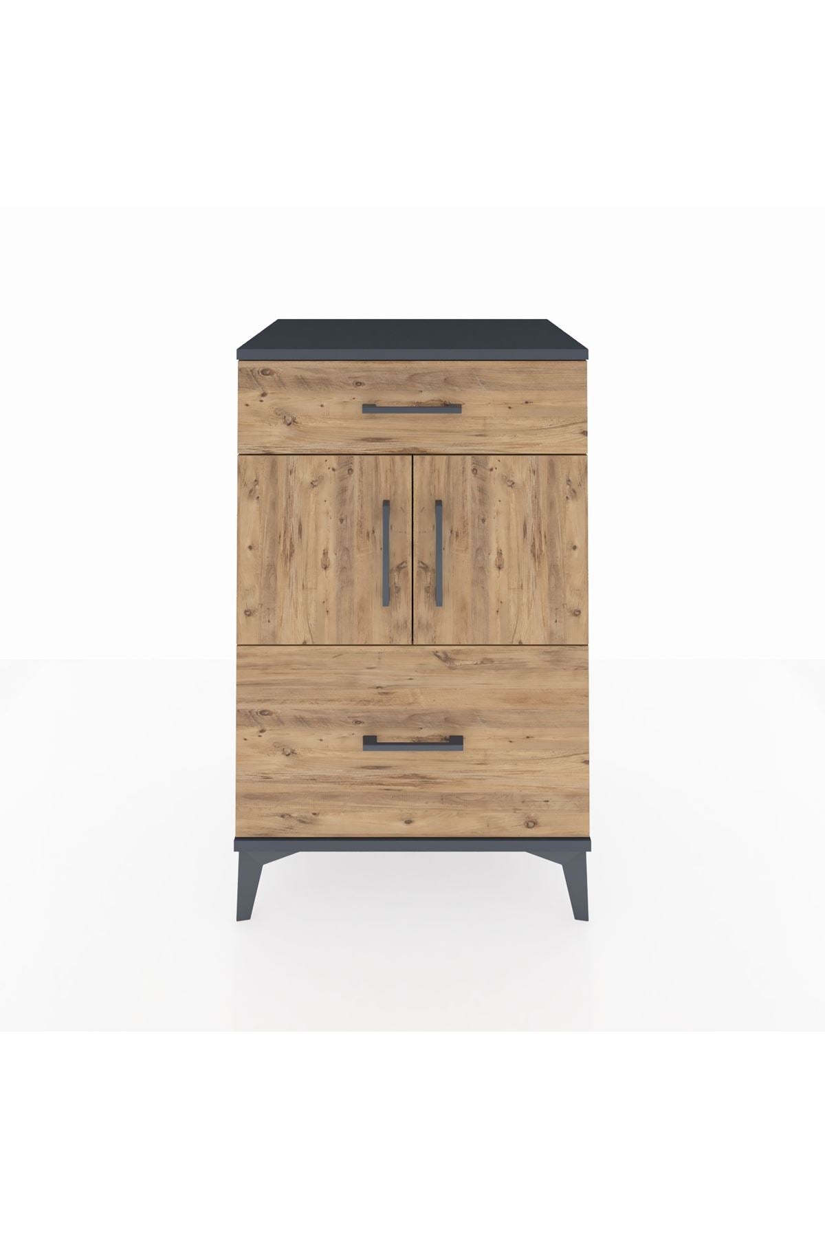 Hyperion Komodin Tek Raflı 2 Çekmeceli 2 Kapaklı 60x44x96 Antrasit-Çam