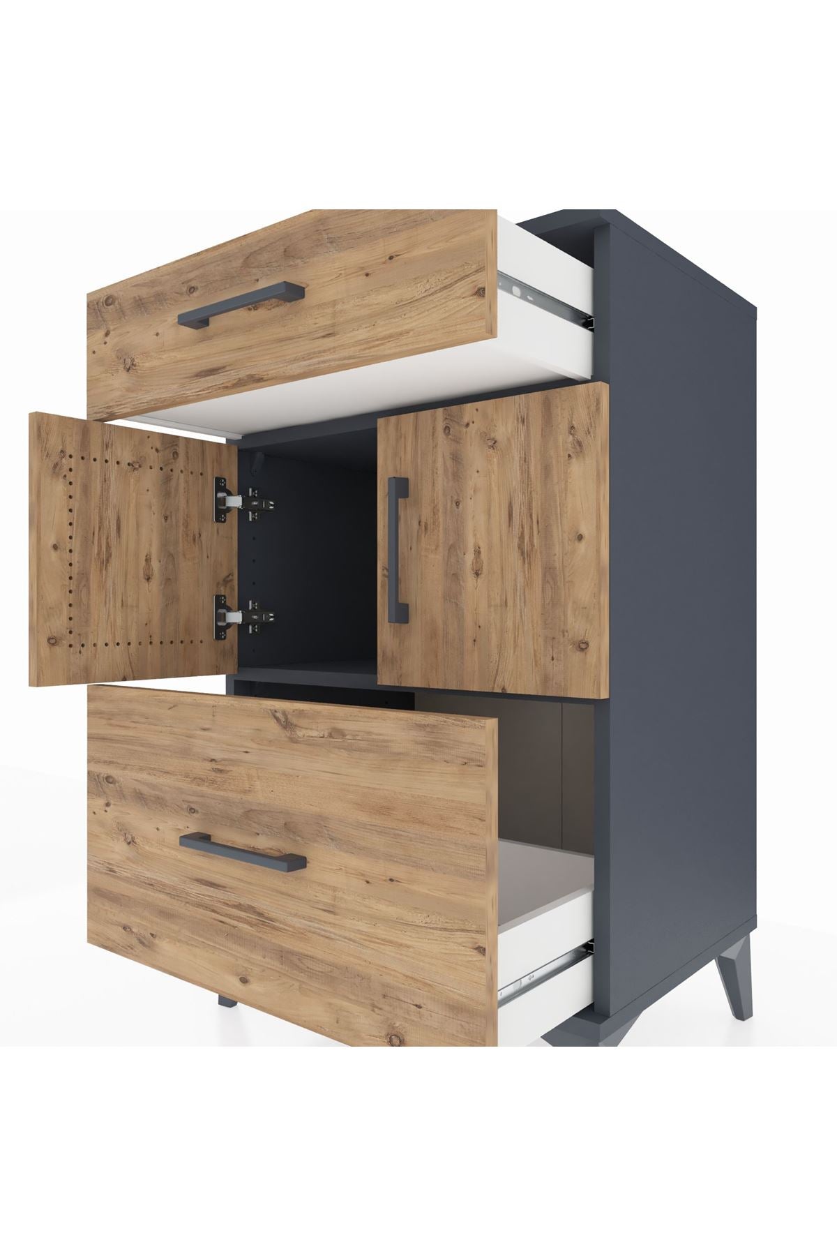 Hyperion Komodin Tek Raflı 2 Çekmeceli 2 Kapaklı 60x44x96 Antrasit-Çam