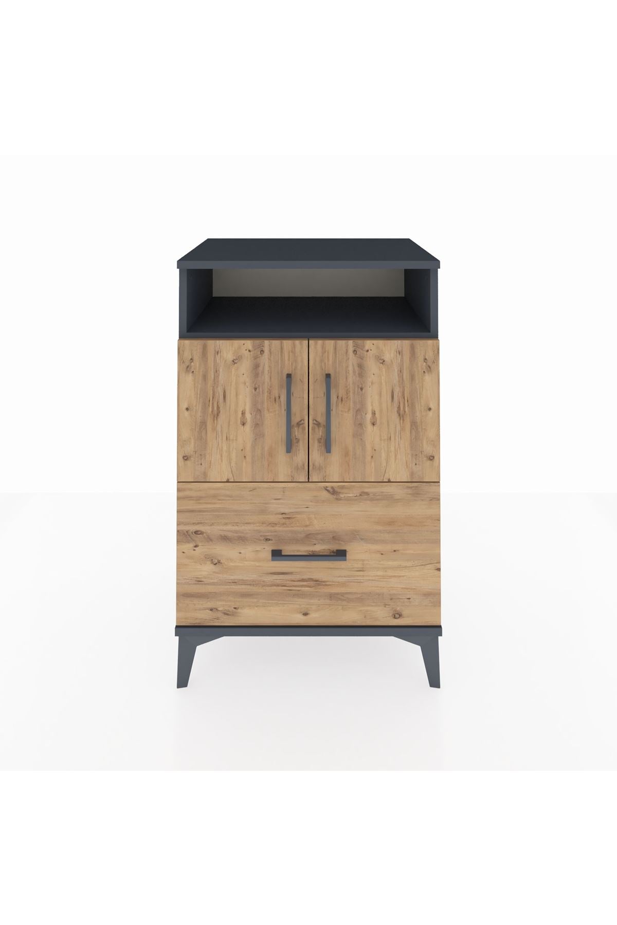 Hyperion Komodin 2 Raflı Tek Çekmeceli 2 Kapaklı 60x44x96 Antrasit-Çam