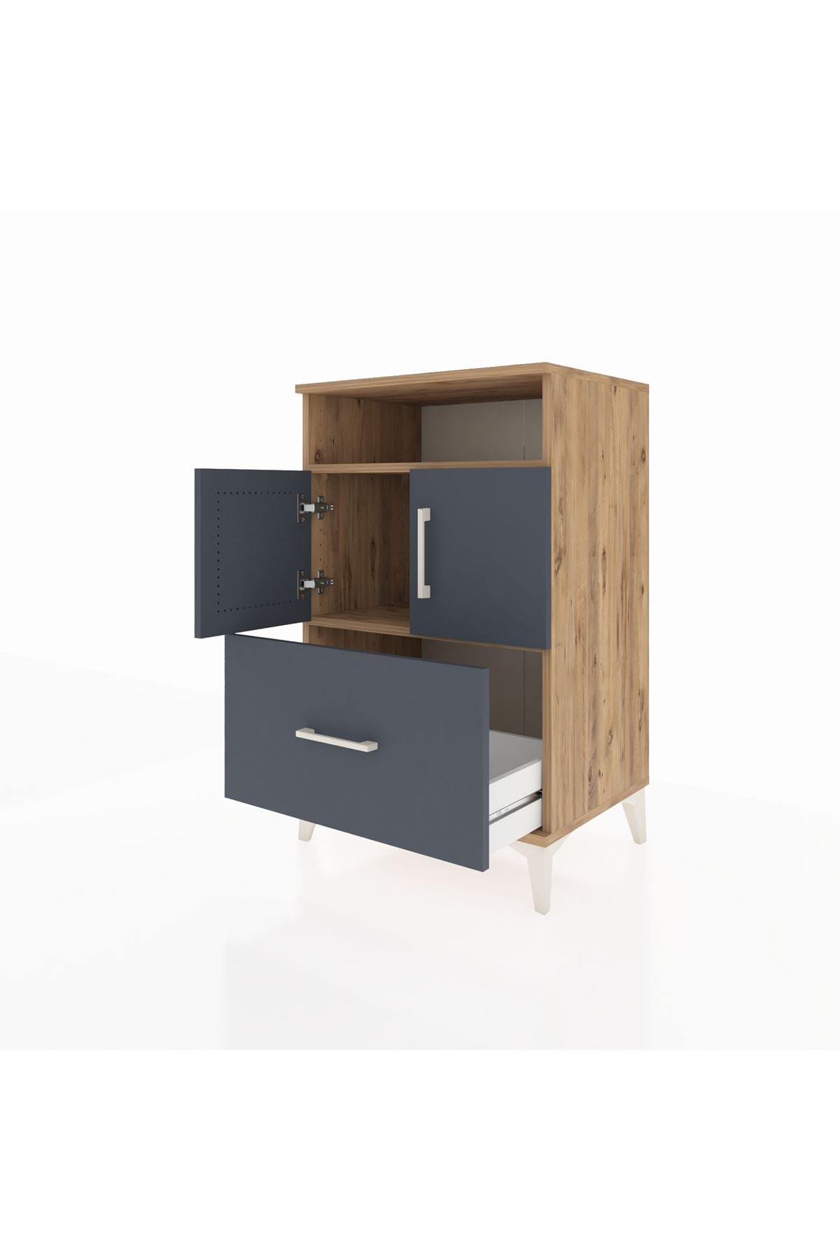 Hyperion Komodin 2 Raflı Tek Çekmeceli 2 Kapaklı 60x44x96 Çam-Antrasit