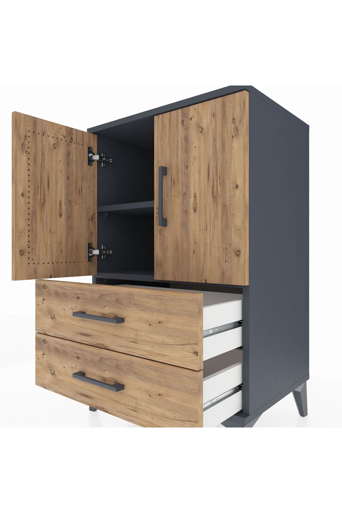 Hyperion Komodin 2 Raflı 2 Çekmeceli 2 Kapaklı 60x44x96 Antrasit-Çam