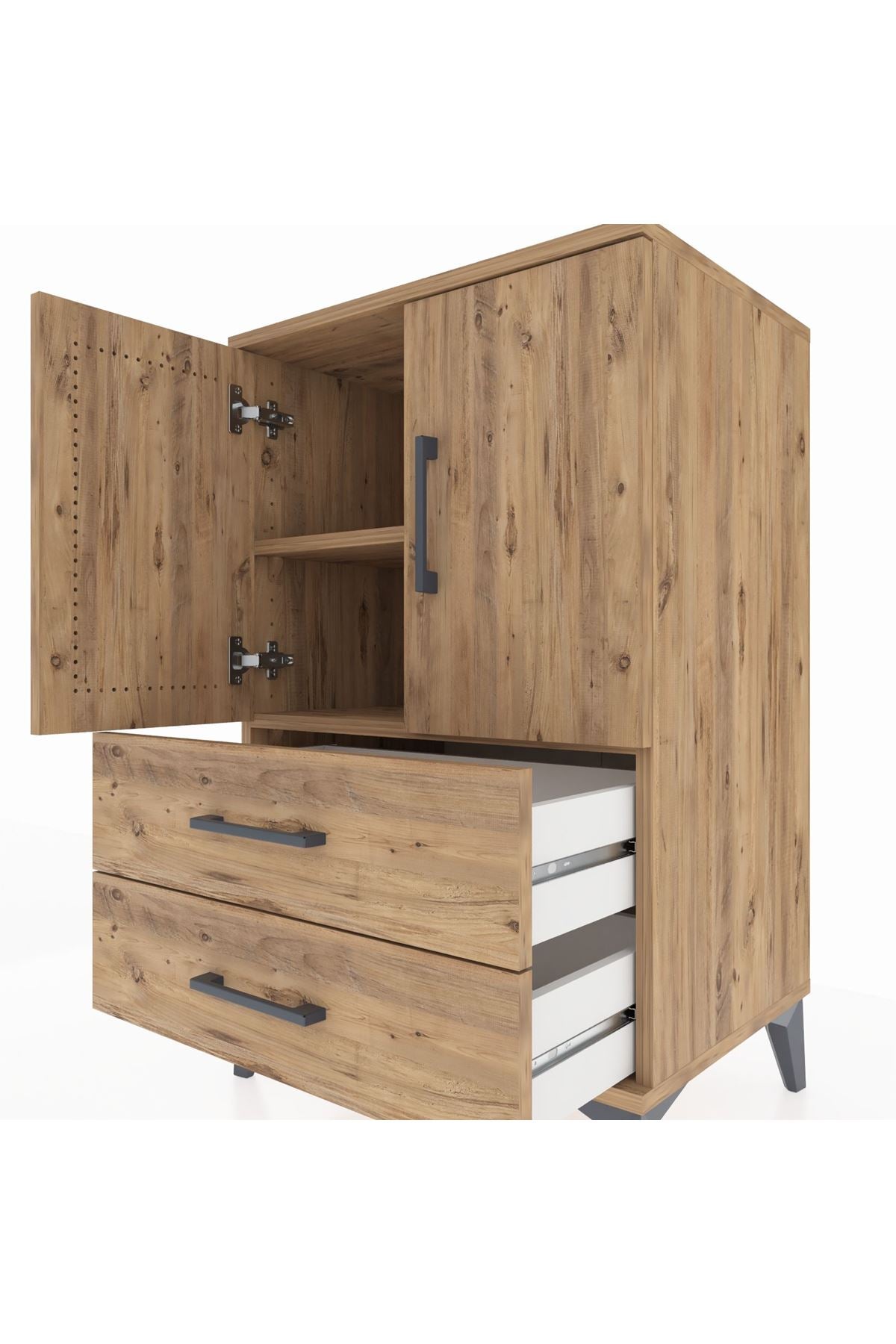 Hyperion Komodin 2 Raflı 2 Çekmeceli 2 Kapaklı 60x44x96 Çam-Çam