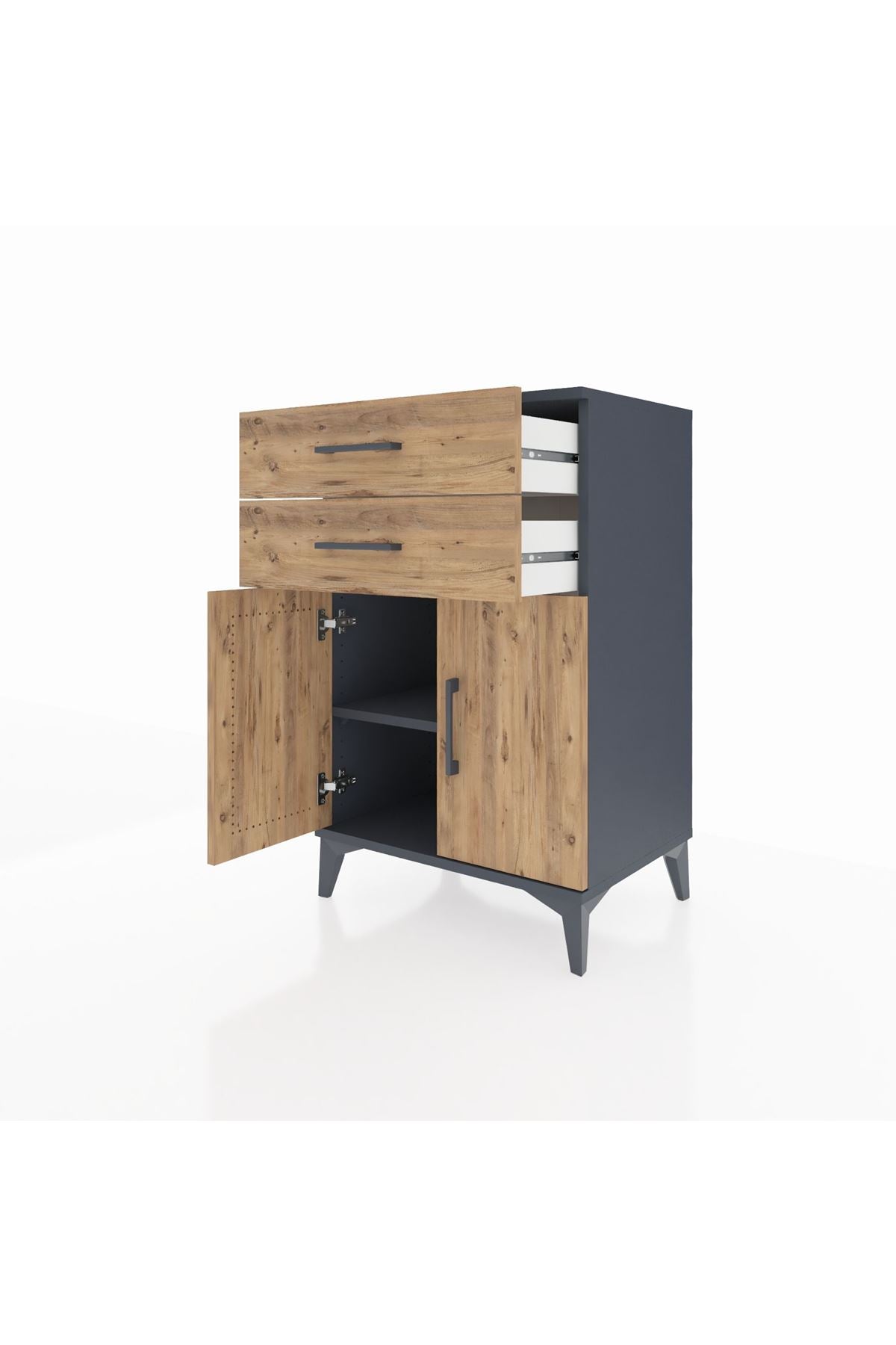 Hyperion Komodin Tek Raflı 2 Çekmeceli 2 Kapaklı 60x44x96 Antrasit-Çam