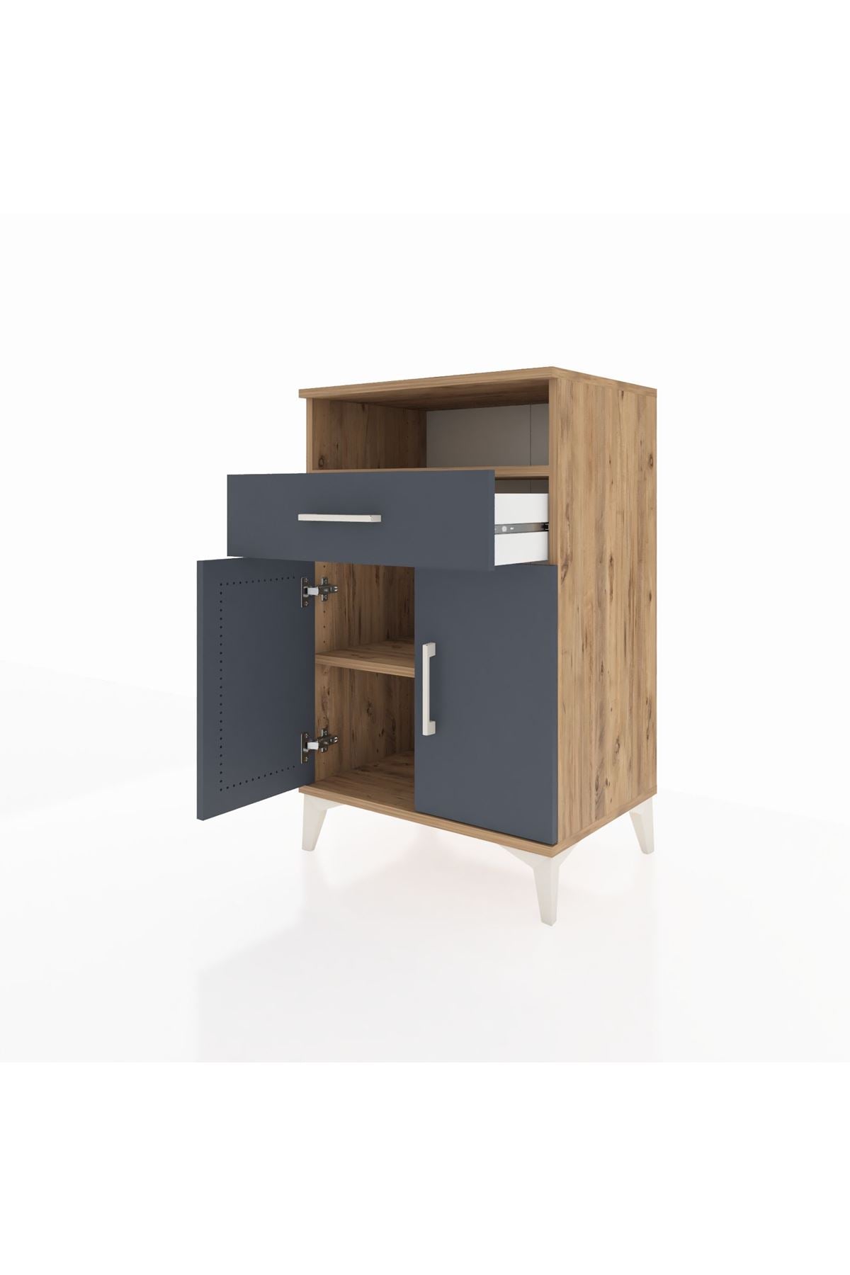 Hyperion Komodin 2 Raflı Tek Çekmeceli 2 Kapaklı 60x44x96 Çam-Antrasit