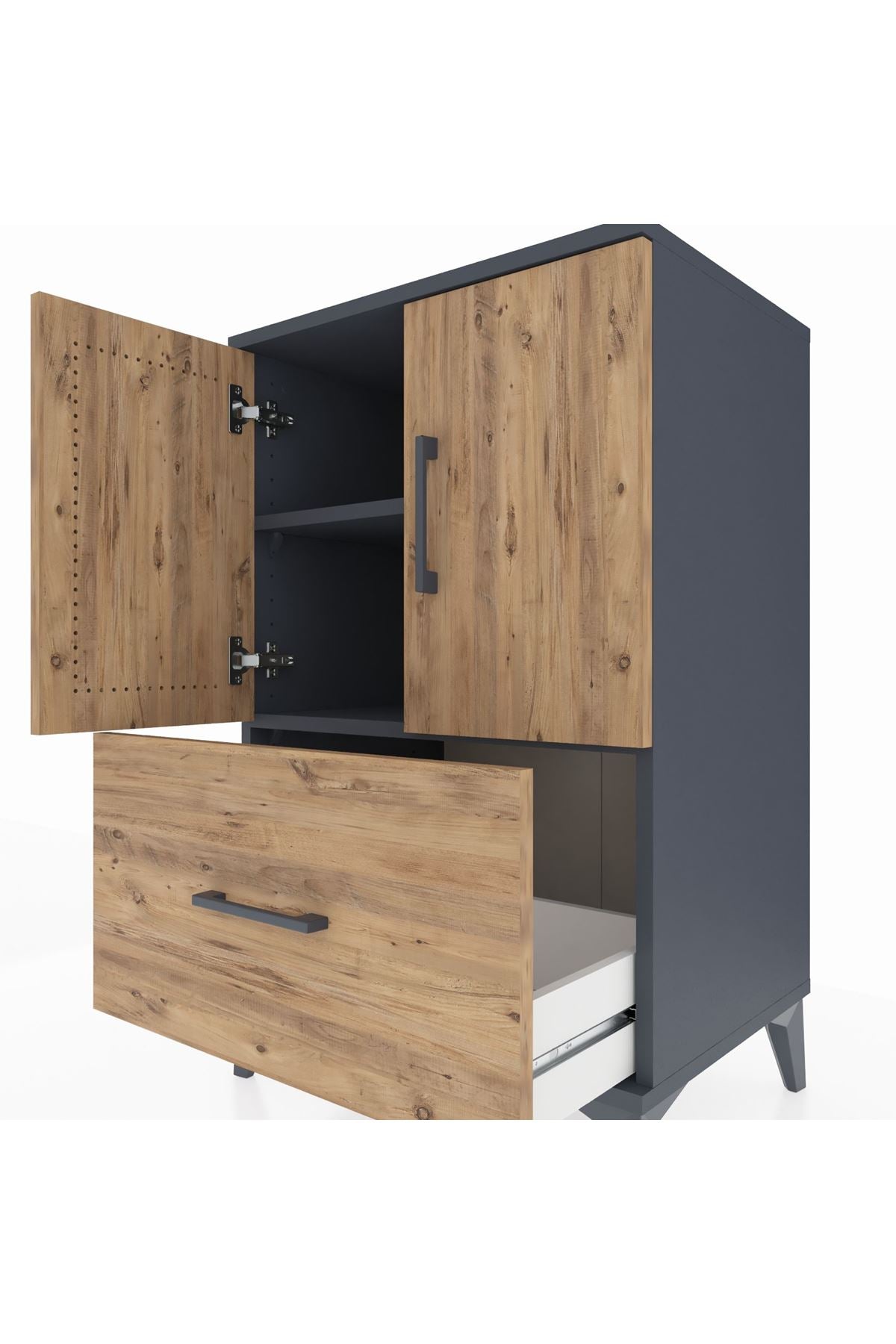 Hyperion Komodin 2 Raflı Tek Çekmeceli 2 Kapaklı 60x44x96 Antrasit-Çam