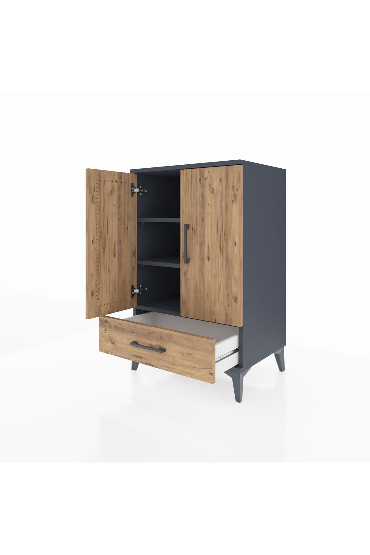 Hyperion Komodin 3 Raflı Tek Çekmeceli 2 Kapaklı 60x44x96 Antrasit-Çam