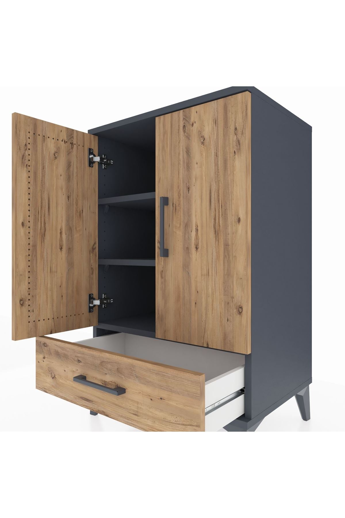 Hyperion Komodin 3 Raflı Tek Çekmeceli 2 Kapaklı 60x44x96 Antrasit-Çam