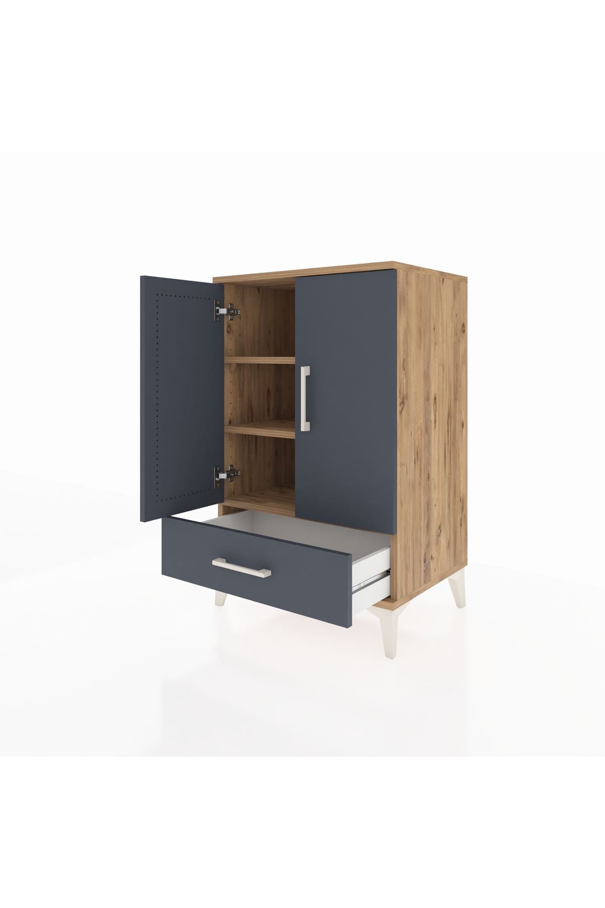 Hyperion Komodin 3 Raflı Tek Çekmeceli 2 Kapaklı 60x44x96 Çam-Antrasit
