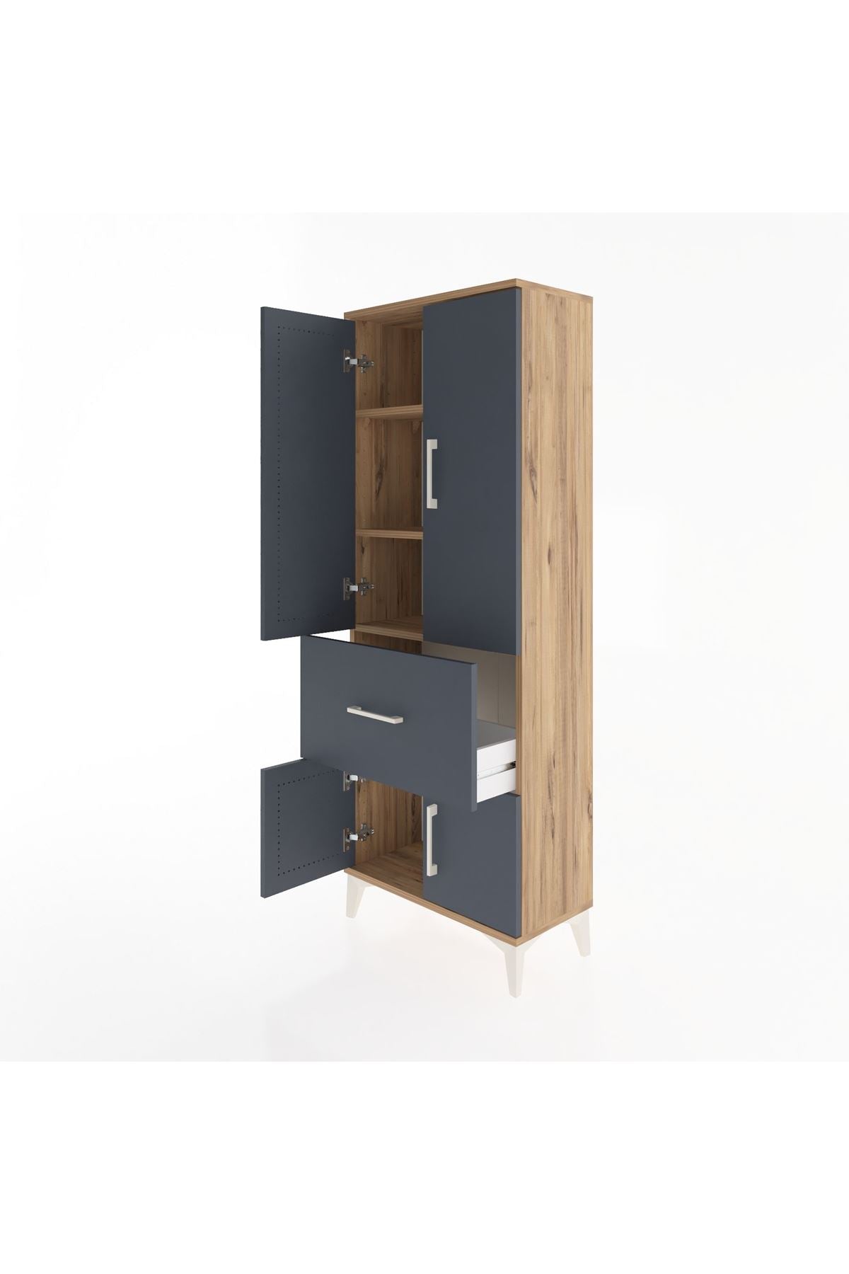 Arges Dolap 3 Raflı Tek Çekmeceli 4 Kapaklı 60x30x163 Çam-Antrasit