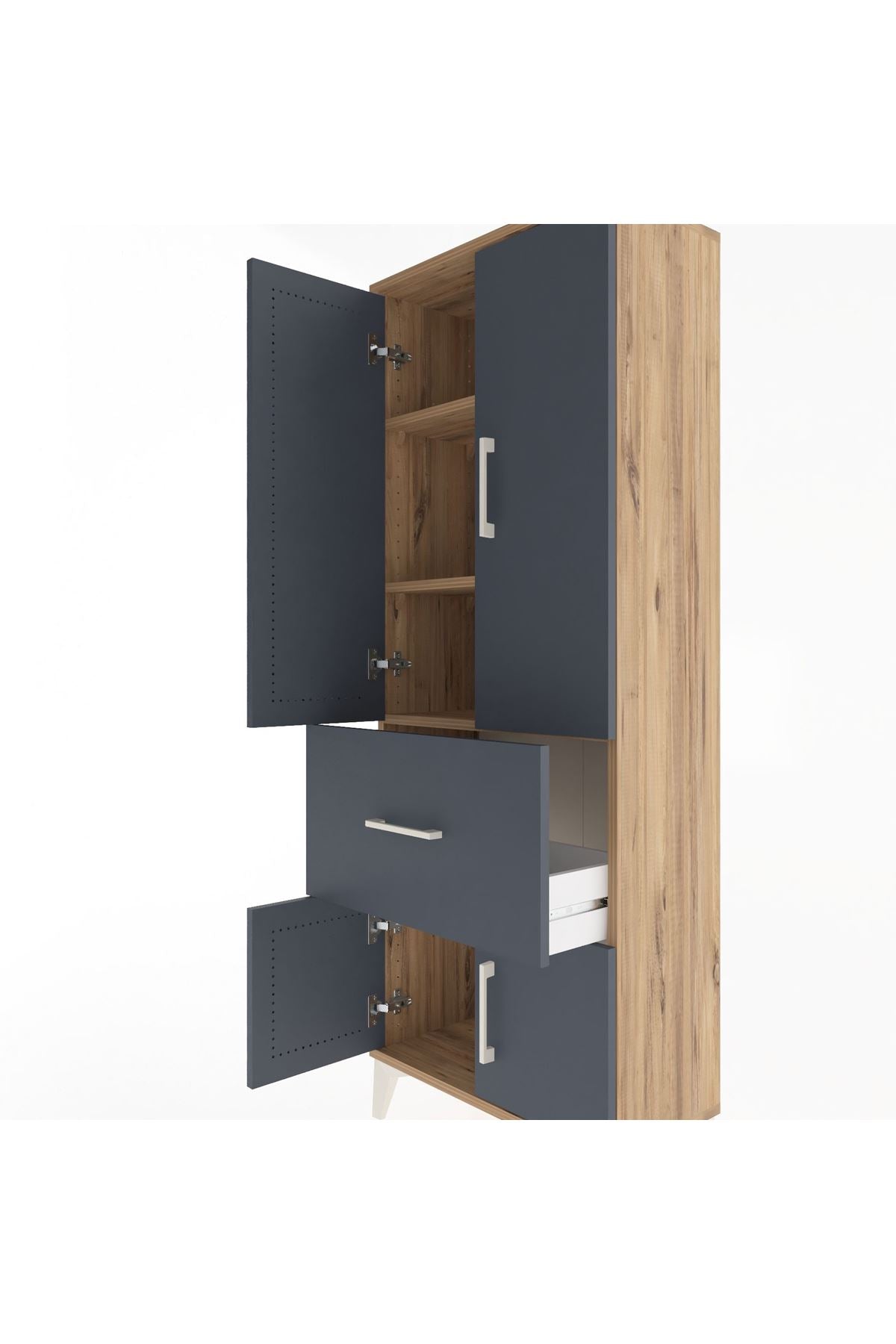 Arges Dolap 3 Raflı Tek Çekmeceli 4 Kapaklı 60x30x163 Çam-Antrasit