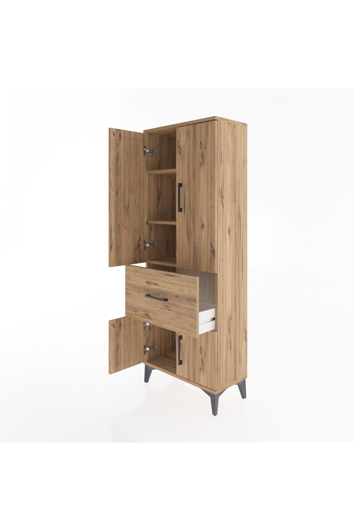 Arges Dolap 3 Raflı Tek Çekmeceli 4 Kapaklı 60x30x163 Çam-Çam