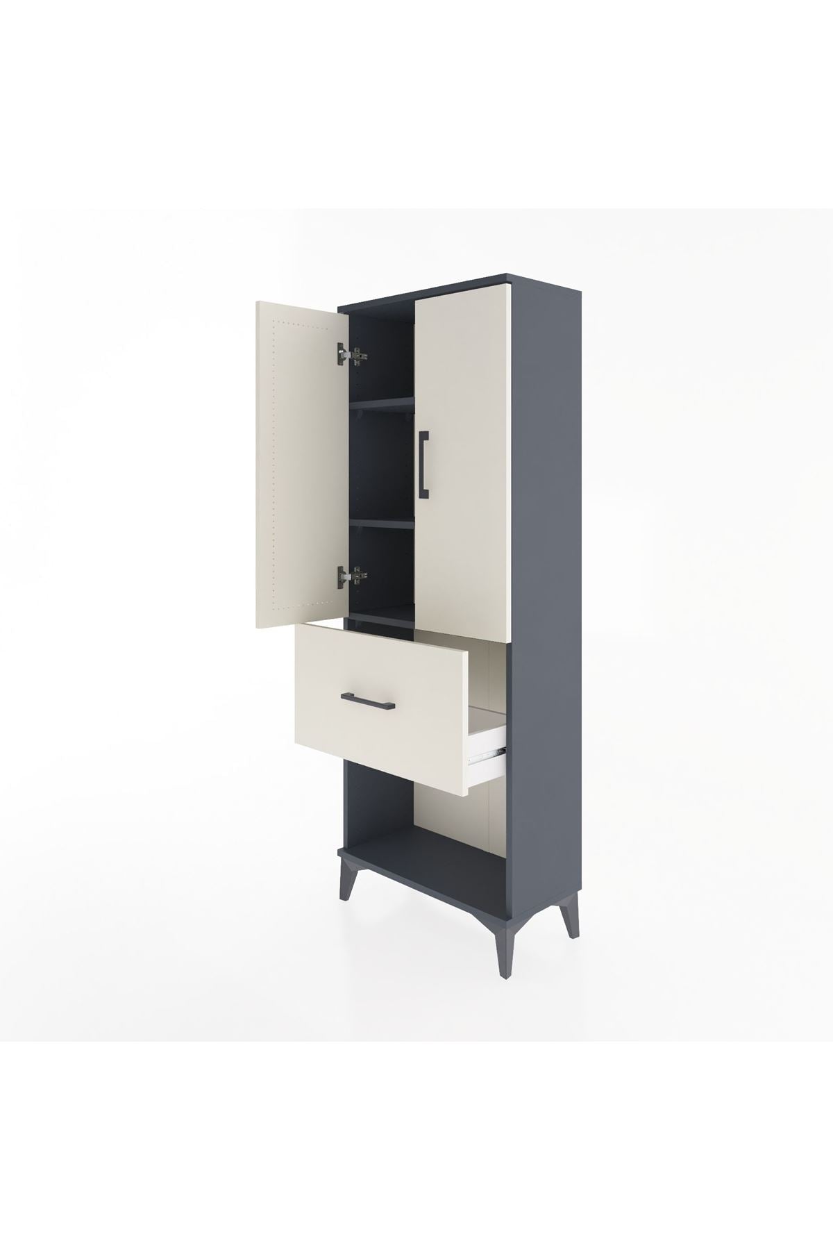 Arges Dolap 3 Raflı Tek Çekmeceli 2 Kapaklı 60x30x163 Antrasit-Aytaşı