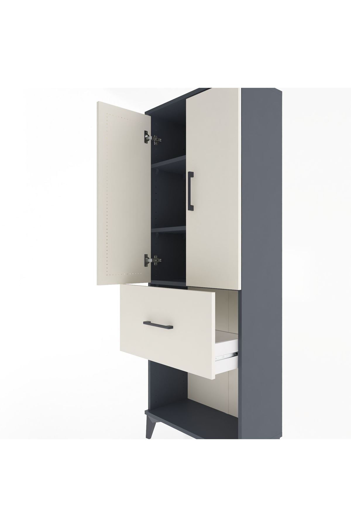 Arges Dolap 3 Raflı Tek Çekmeceli 2 Kapaklı 60x30x163 Antrasit-Aytaşı
