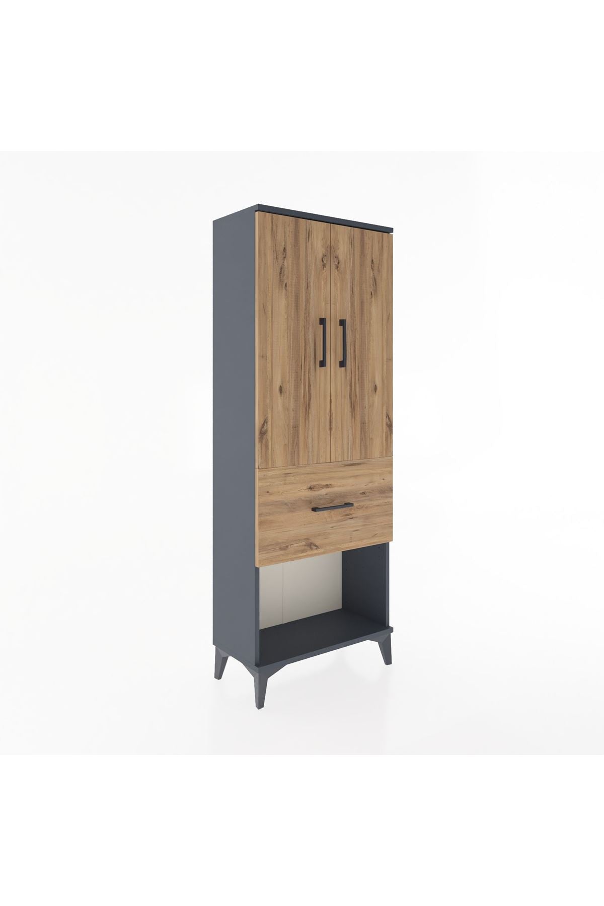 Arges Dolap 3 Raflı Tek Çekmeceli 2 Kapaklı 60x30x163 Antrasit-Çam