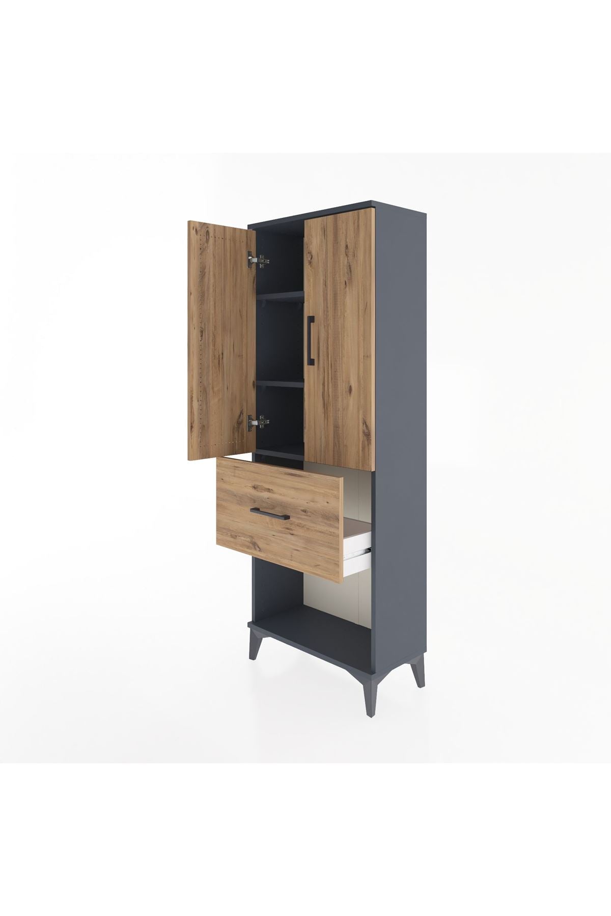 Arges Dolap 3 Raflı Tek Çekmeceli 2 Kapaklı 60x30x163 Antrasit-Çam