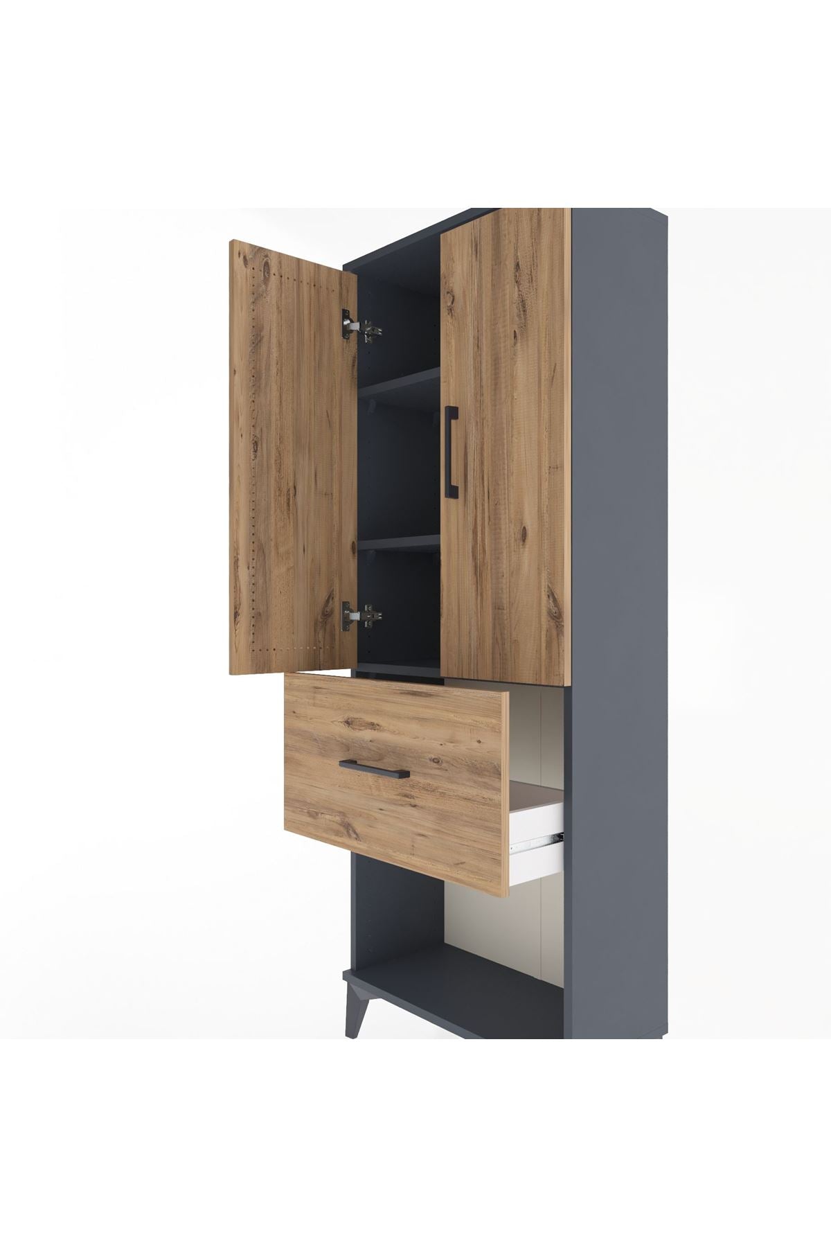 Arges Dolap 3 Raflı Tek Çekmeceli 2 Kapaklı 60x30x163 Antrasit-Çam