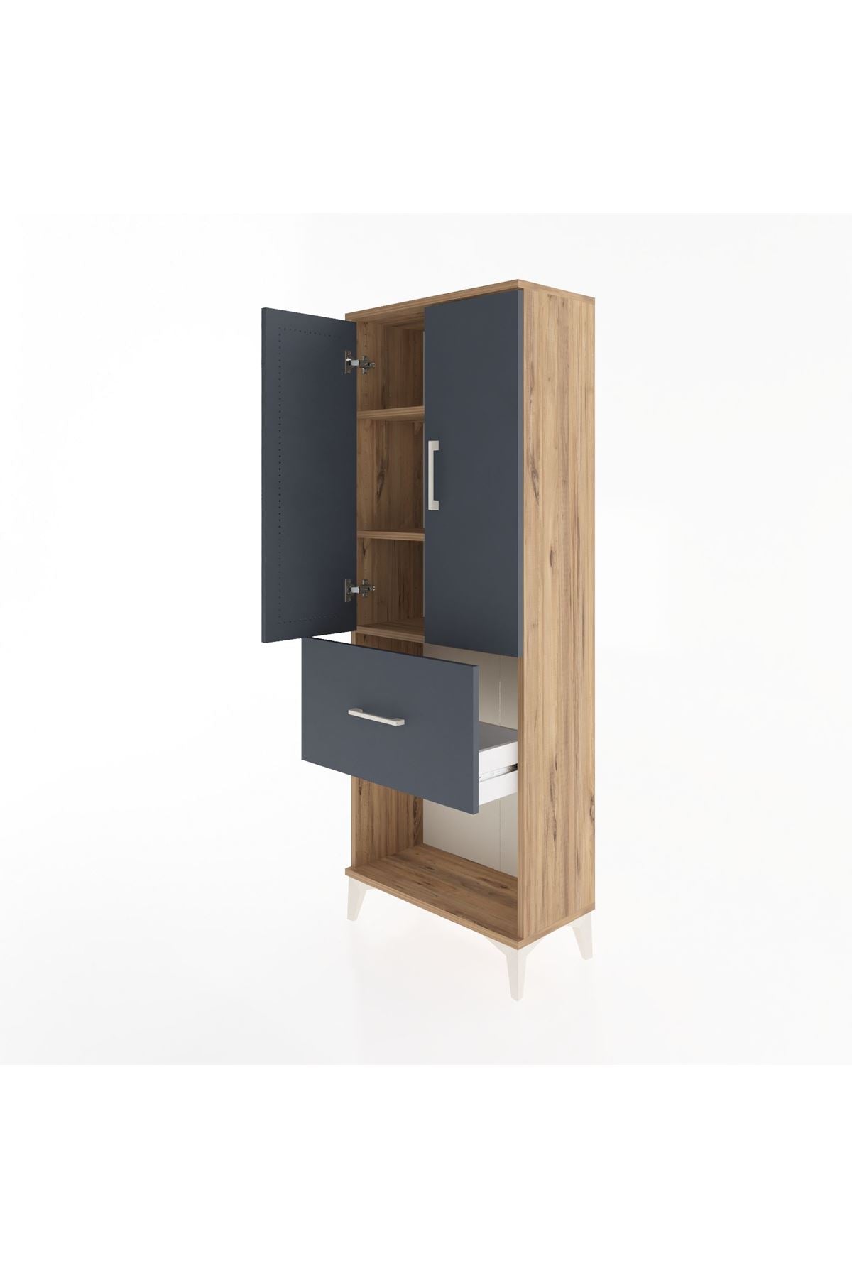 Arges Dolap 3 Raflı Tek Çekmeceli 2 Kapaklı 60x30x163 Çam-Antrasit