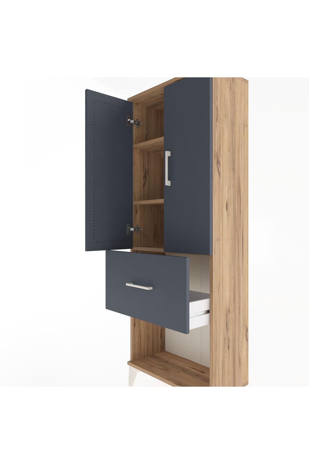 Arges Dolap 3 Raflı Tek Çekmeceli 2 Kapaklı 60x30x163 Çam-Antrasit
