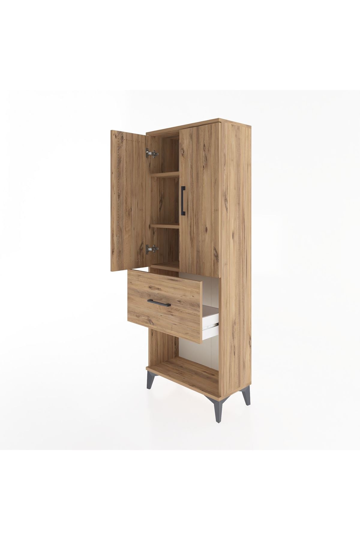 Arges Dolap 3 Raflı Tek Çekmeceli 2 Kapaklı 60x30x163 Çam-Çam