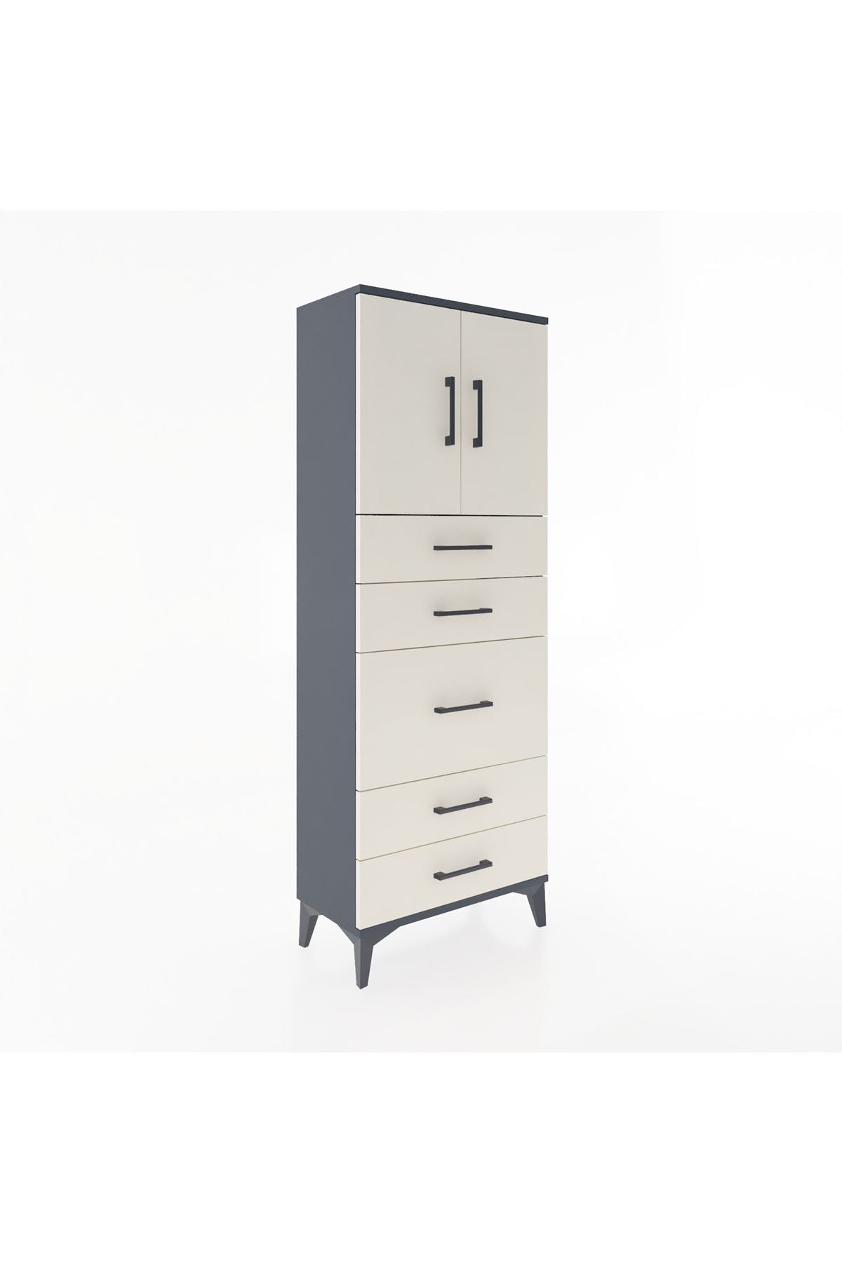 Arges Dolap 2 Raflı 5 Çekmeceli 2 Kapaklı 60x30x163 Antrasit-Aytaşı