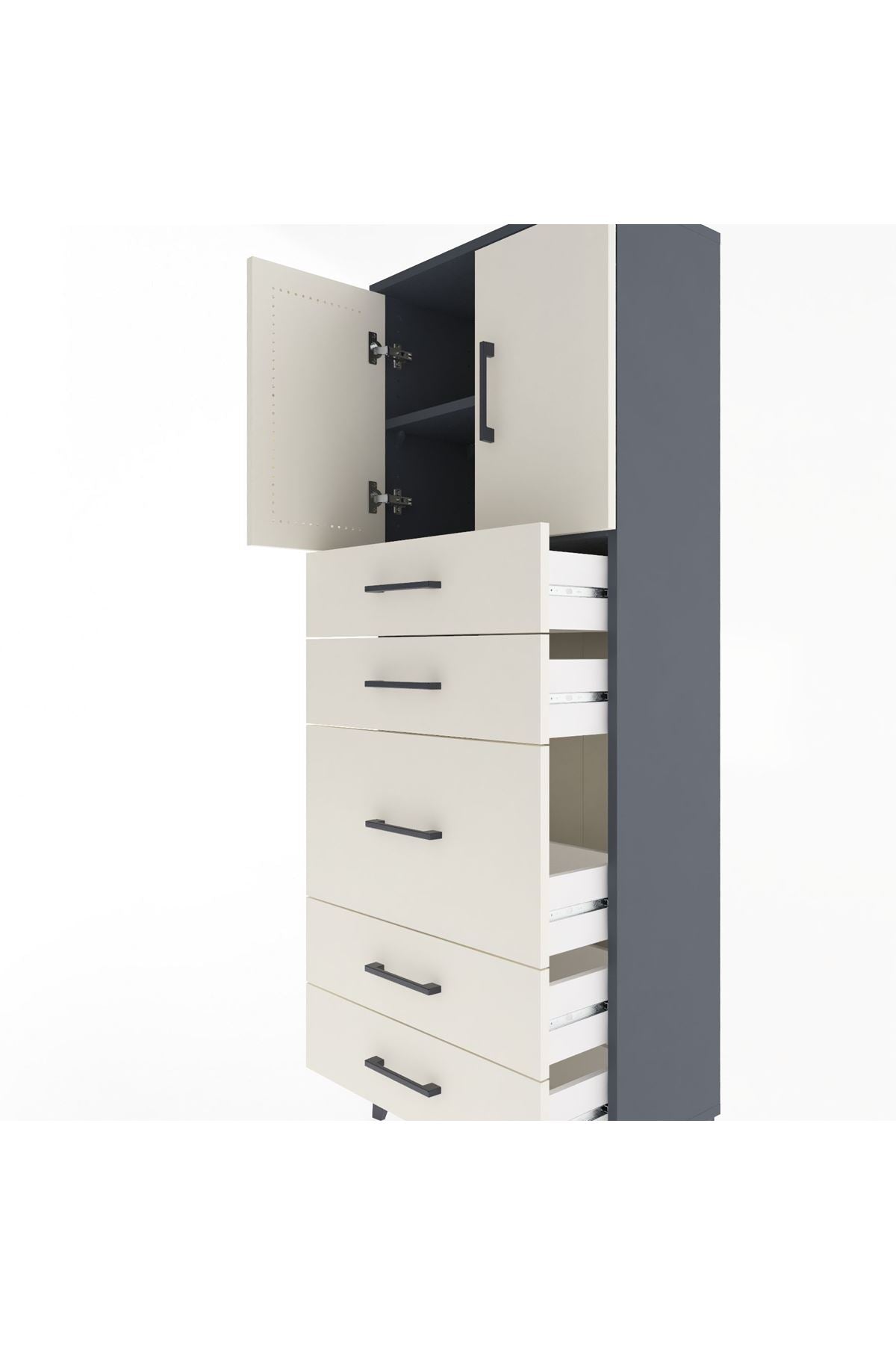 Arges Dolap 2 Raflı 5 Çekmeceli 2 Kapaklı 60x30x163 Antrasit-Aytaşı