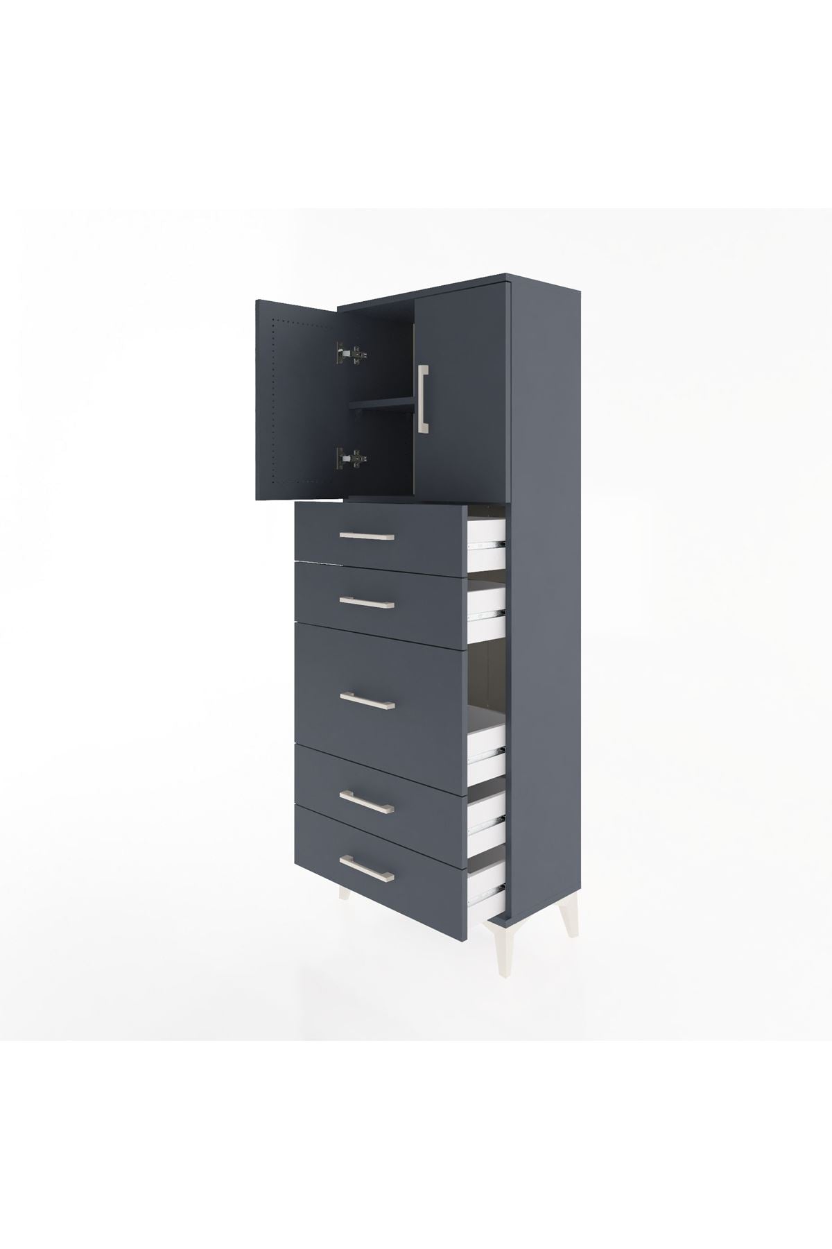 Arges Dolap 2 Raflı 5 Çekmeceli 2 Kapaklı 60x30x163 Antrasit-Antrasit