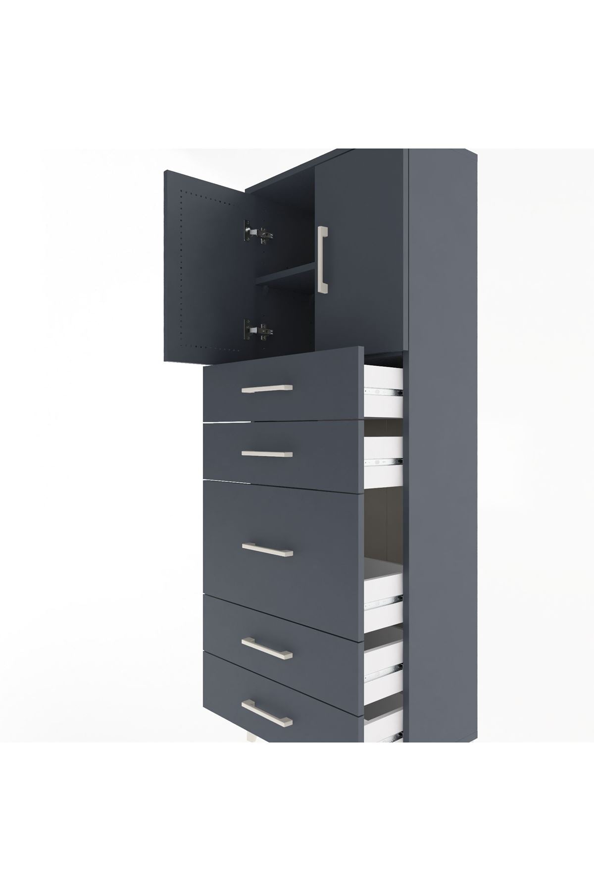 Arges Dolap 2 Raflı 5 Çekmeceli 2 Kapaklı 60x30x163 Antrasit-Antrasit