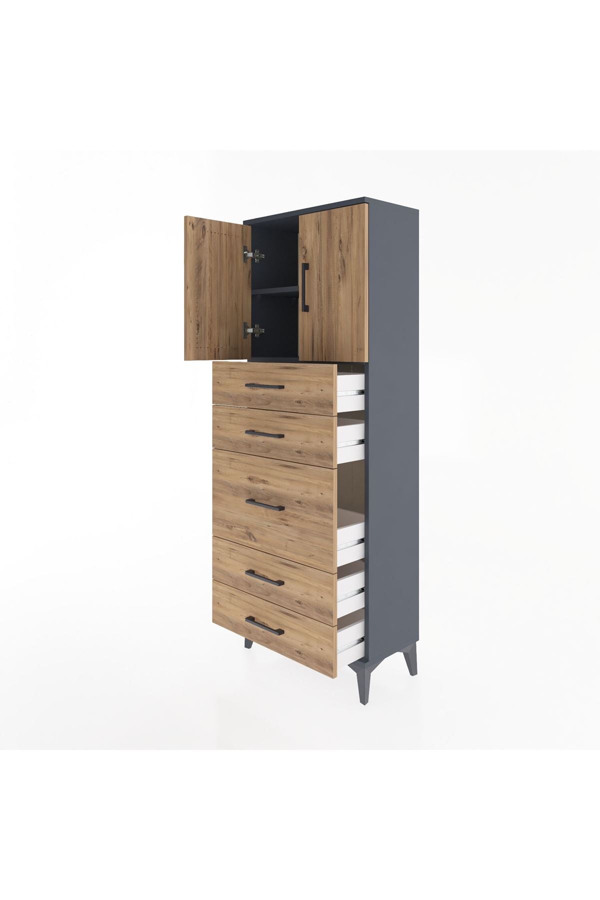 Arges Dolap 2 Raflı 5 Çekmeceli 2 Kapaklı 60x30x163 Antrasit-Çam