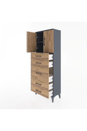 Arges Dolap 2 Raflı 5 Çekmeceli 2 Kapaklı 60x30x163 Antrasit-Çam