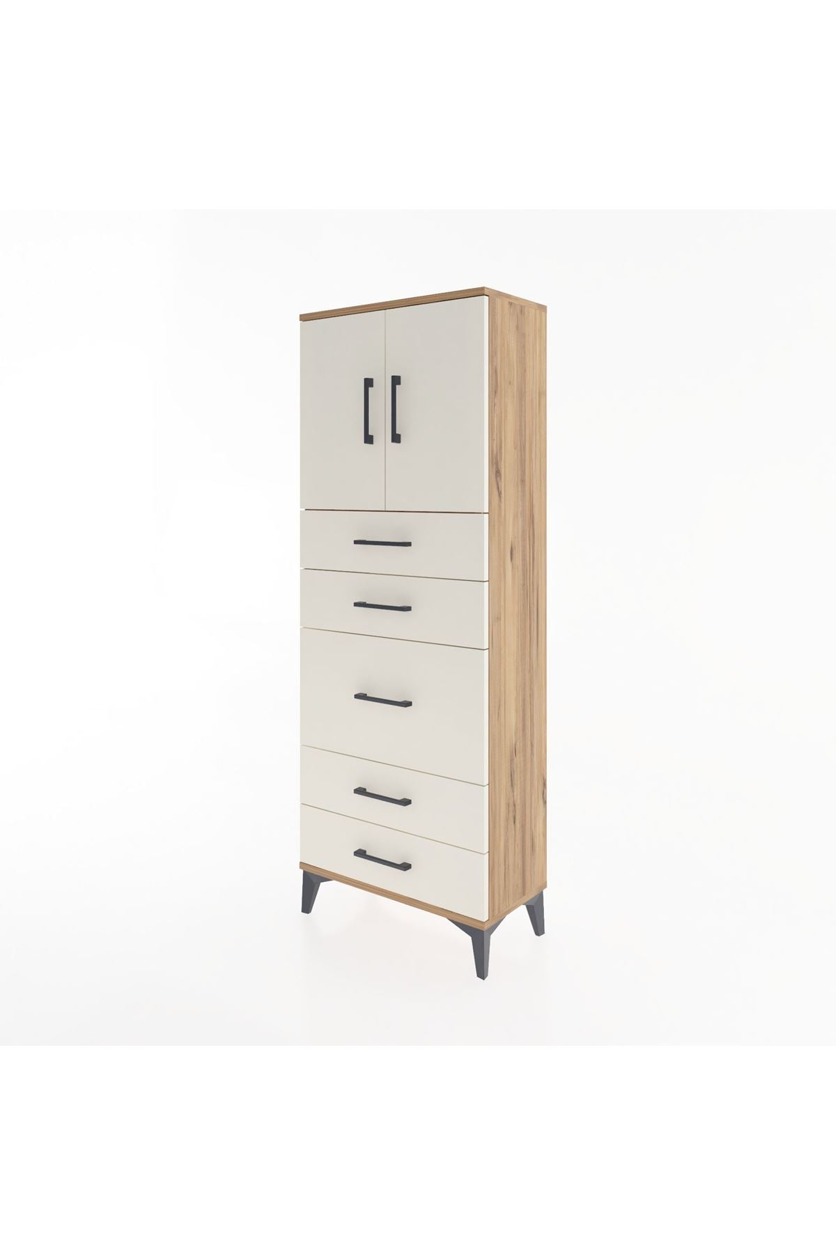 Arges Dolap 2 Raflı 5 Çekmeceli 2 Kapaklı 60x30x163 Çam-Aytaşı