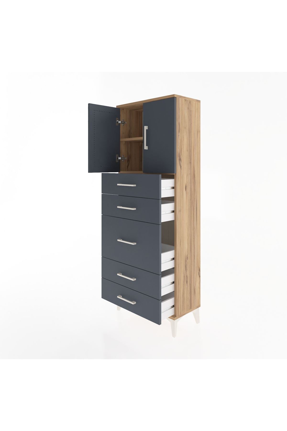 Arges Dolap 2 Raflı 5 Çekmeceli 2 Kapaklı 60x30x163 Çam-Antrasit