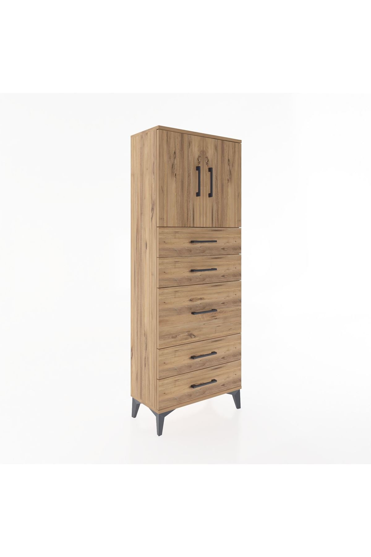 Arges Dolap 2 Raflı 5 Çekmeceli 2 Kapaklı 60x30x163 Çam-Çam