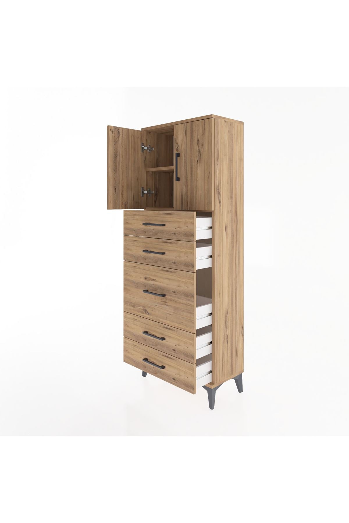 Arges Dolap 2 Raflı 5 Çekmeceli 2 Kapaklı 60x30x163 Çam-Çam