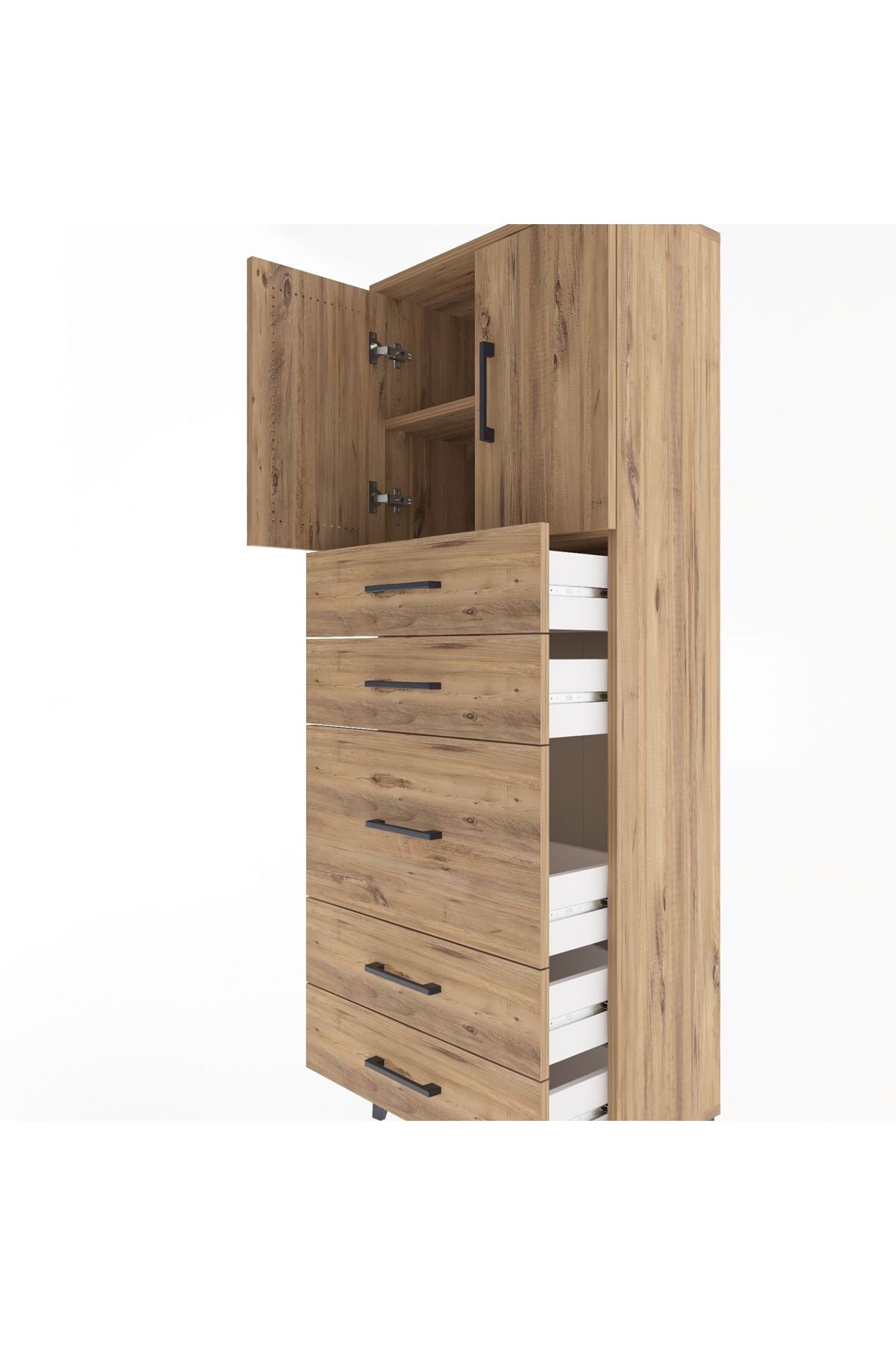 Arges Dolap 2 Raflı 5 Çekmeceli 2 Kapaklı 60x30x163 Çam-Çam